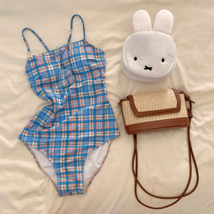 패션 바이 카카오 | [긱시크]블루벨 레트로 체크 모노키니 수영복 바캉스 호캉스 빅사이즈, image size:900x900