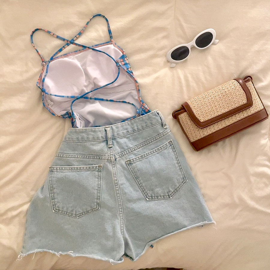 패션 바이 카카오 | [긱시크]블루벨 레트로 체크 모노키니 수영복 바캉스 호캉스 빅사이즈, image size:900x900