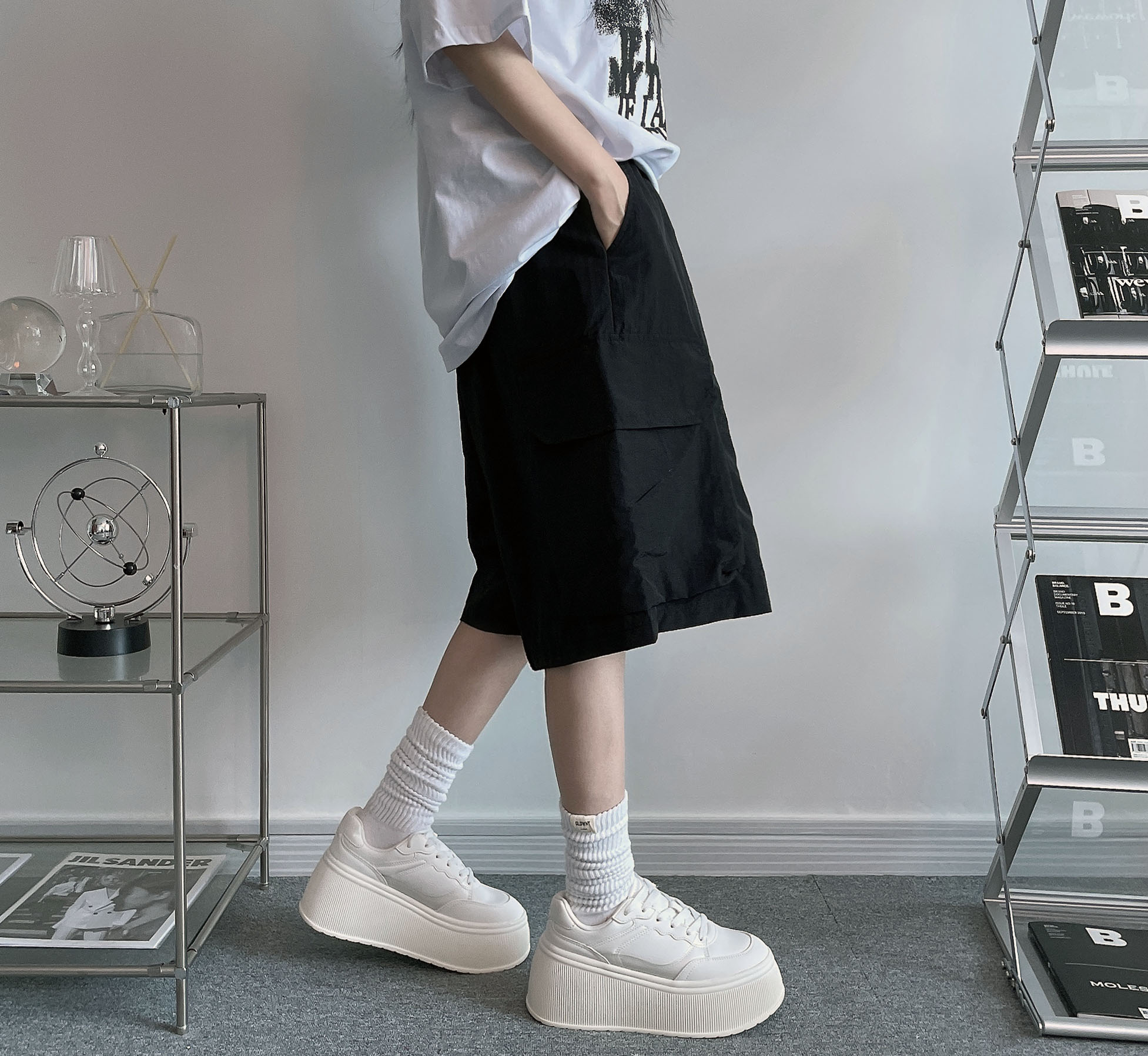 bauhausハーフパンツ　ジップデザイン　バウハウスカーゴショーツ 冷感ナイロンカーゴワイドゴムショットパンツ/ハーフパンツ