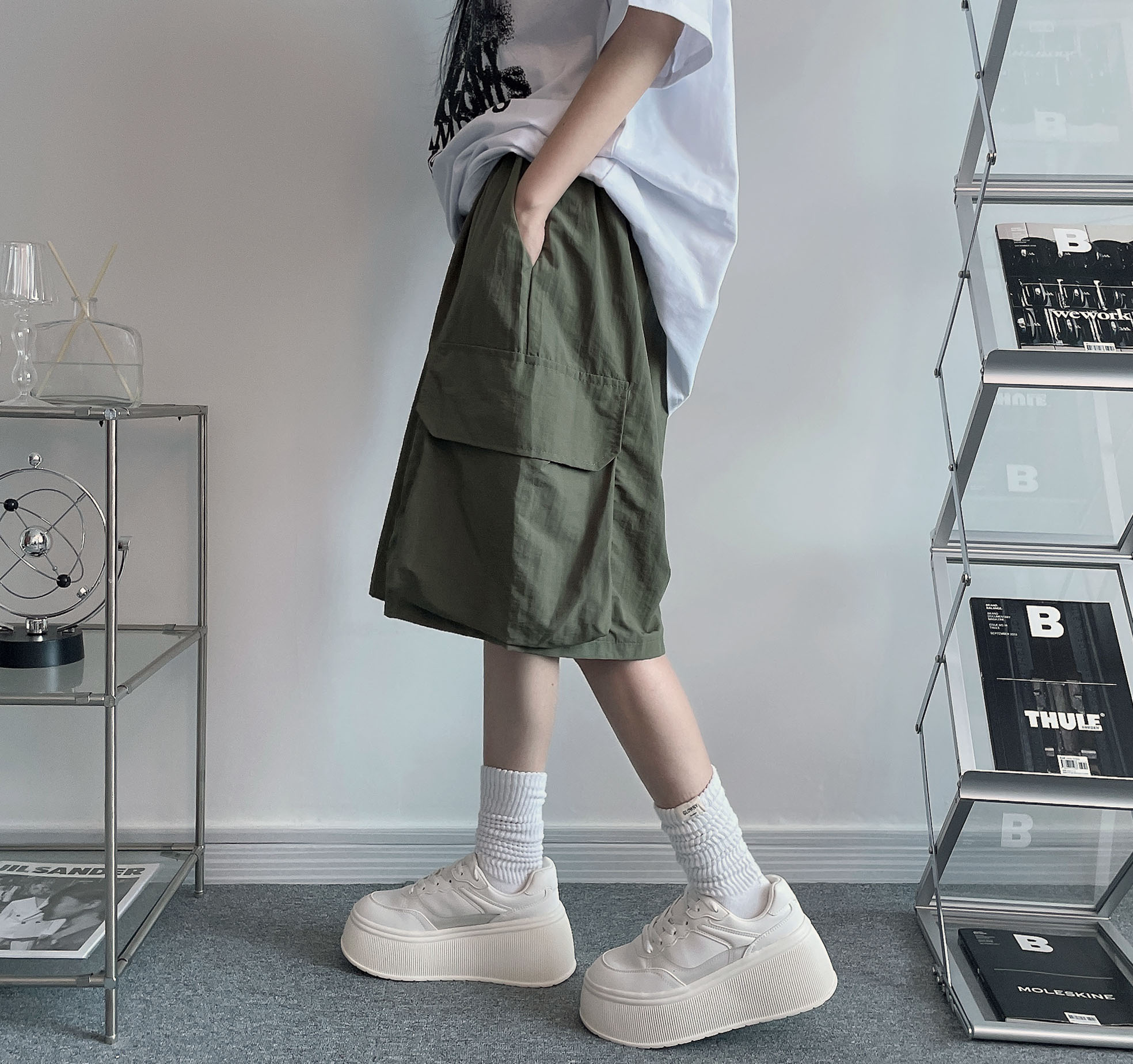 冷感ナイロンカーゴワイドゴムショットパンツ/ハーフパンツ