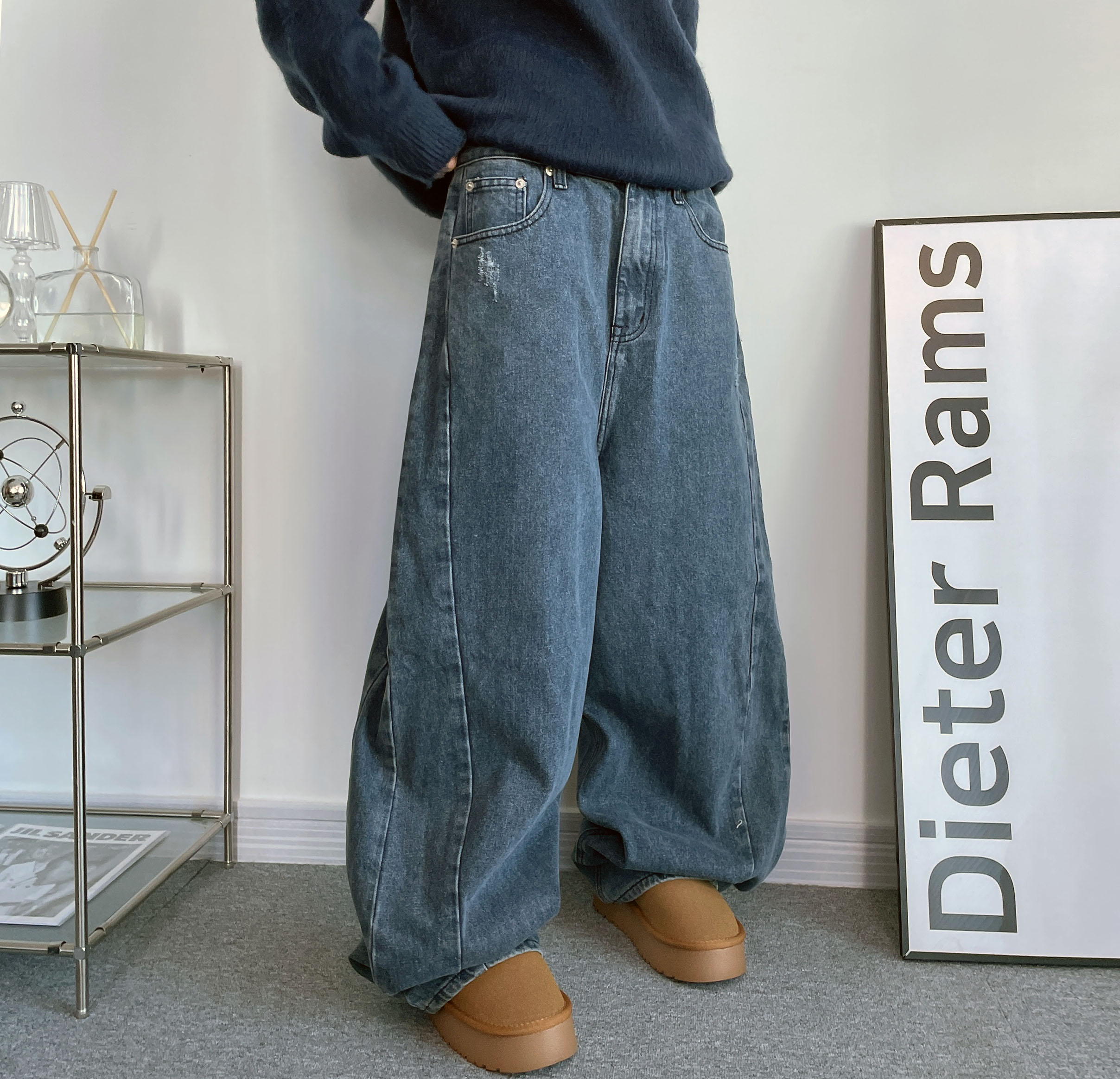 - 値下げ　ワイドレッグデニムパンツ - トリプルスリットラインワイドストレートデニムパンツ