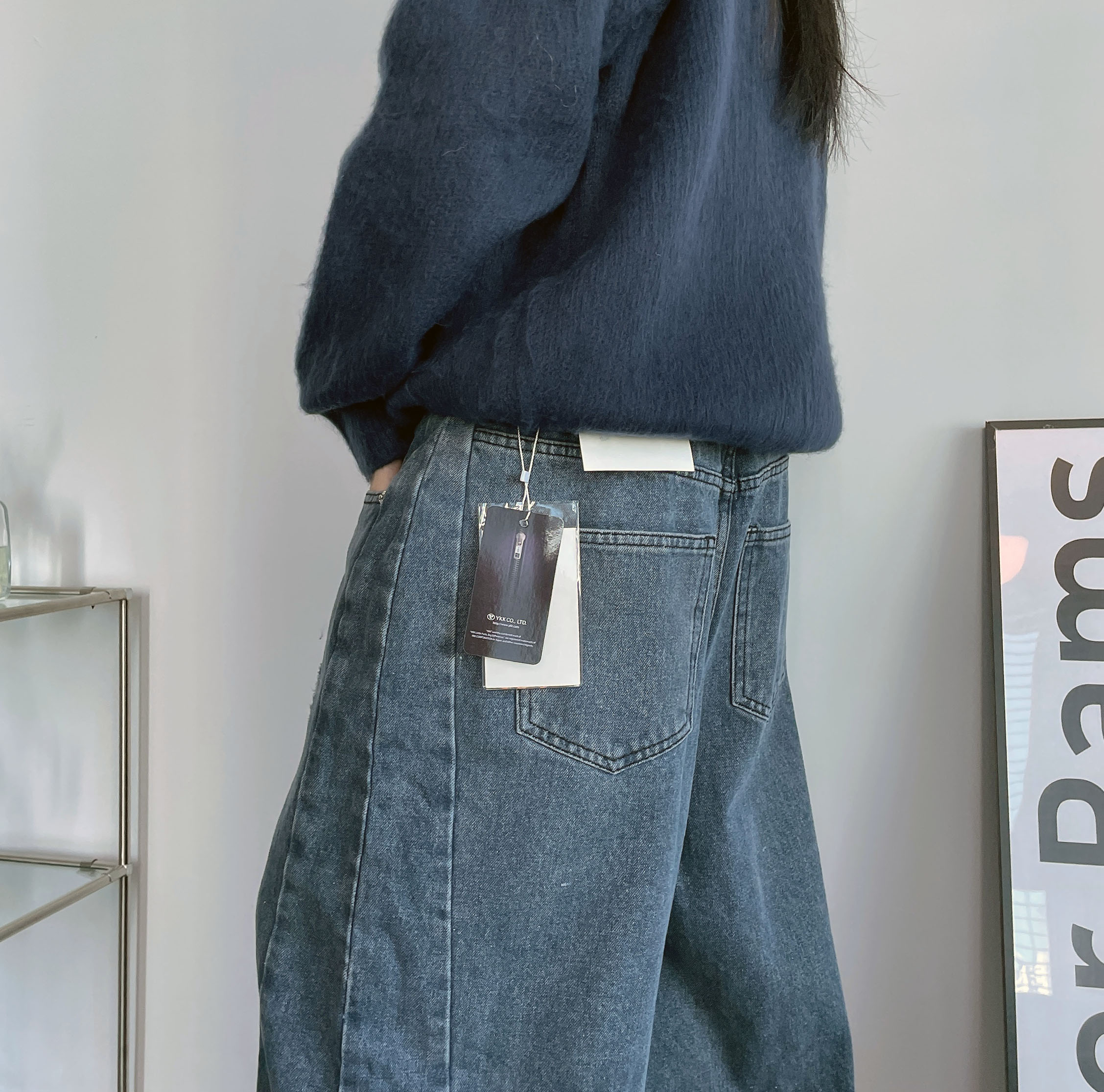 トリプルスリットラインワイドストレートデニムパンツ