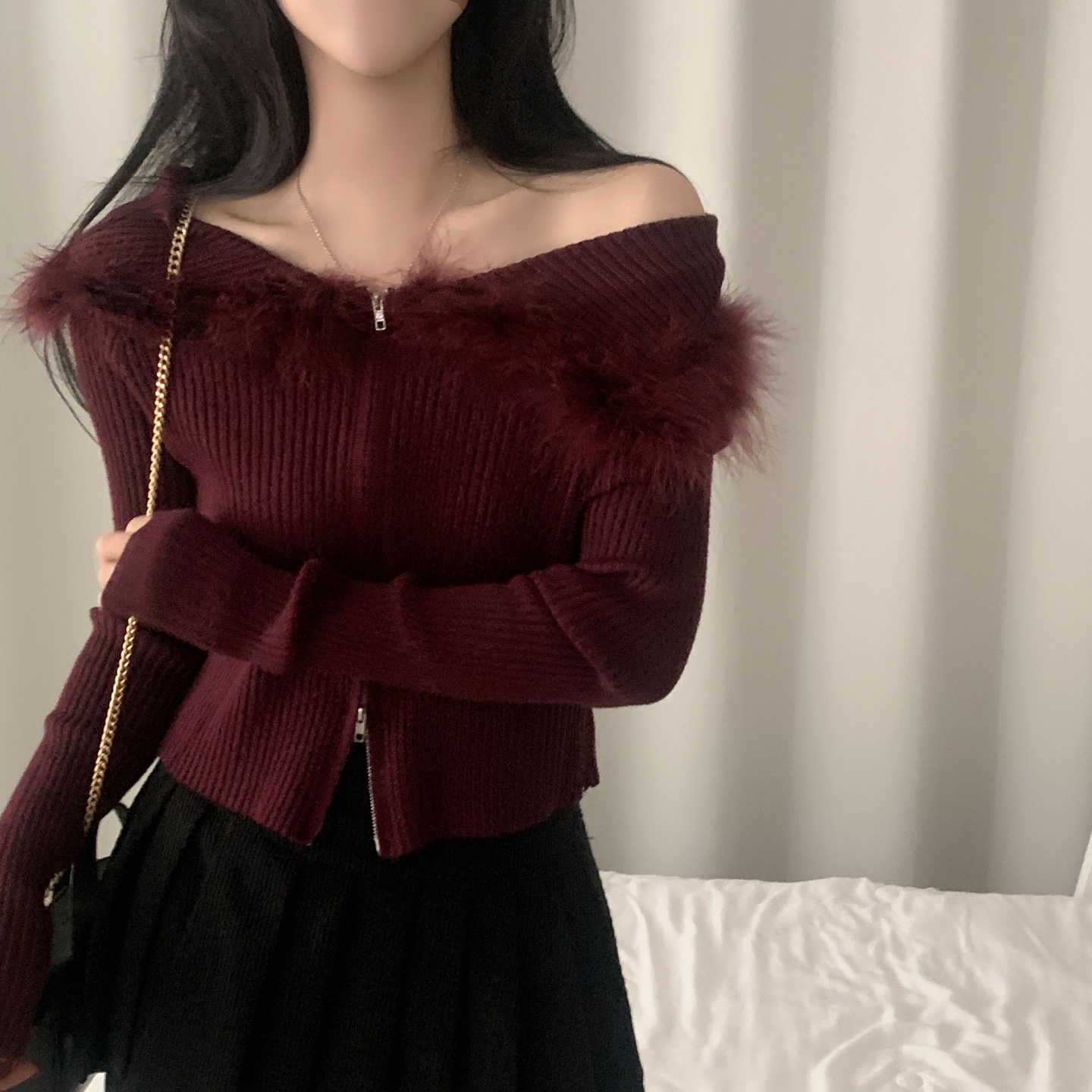 ファーオフショル2WAYリブニットパーカー | ファッション通販サイト NUGU