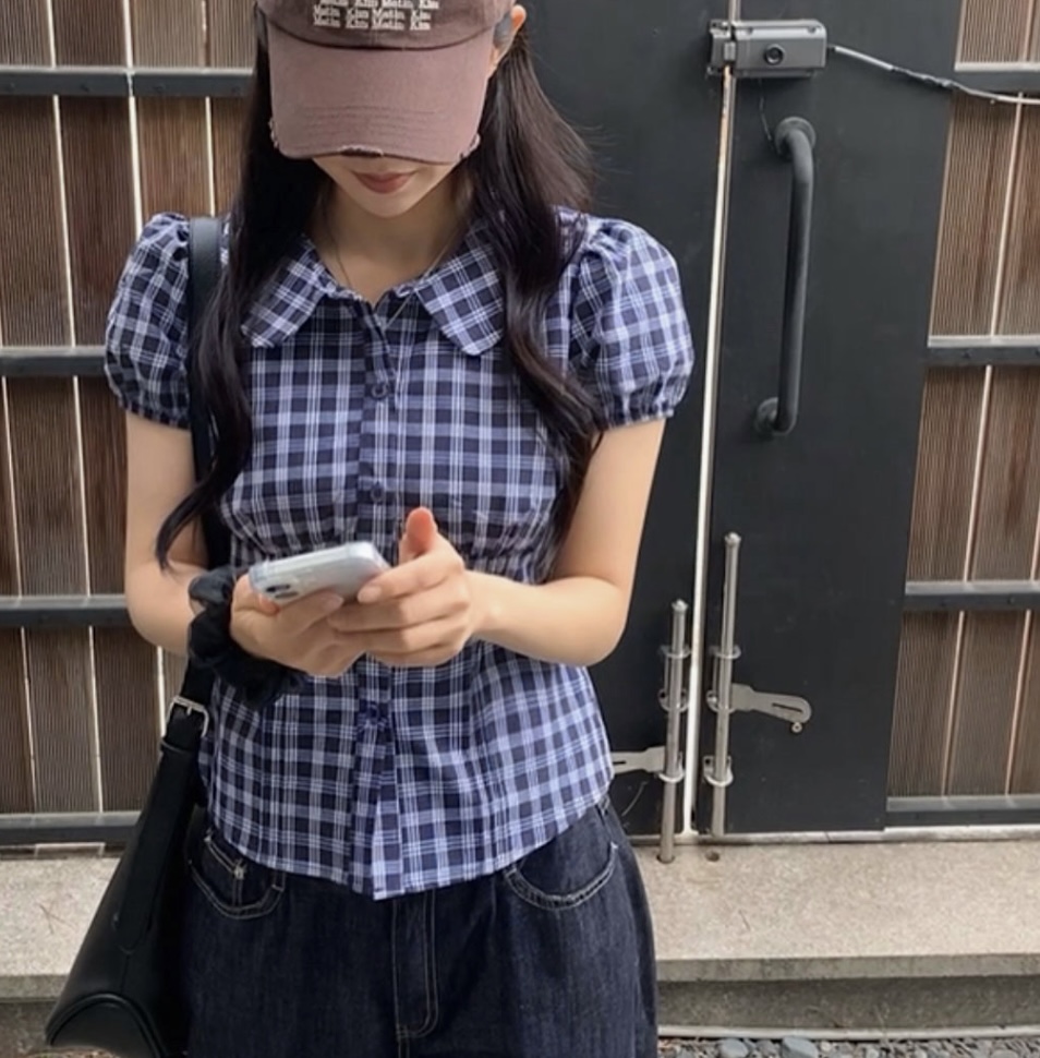 サマーギンガムチェック半袖ブラウス | ファッション通販サイト NUGU