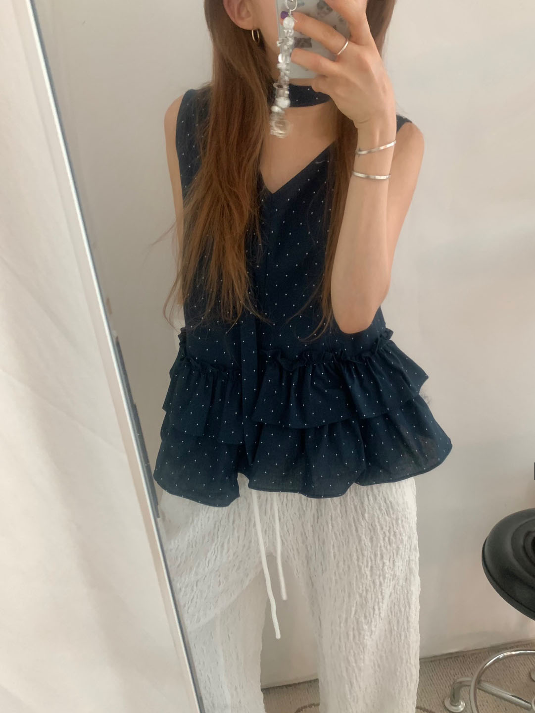 スカーフセット]プチドットアシンメトリーフリルノースリーブ