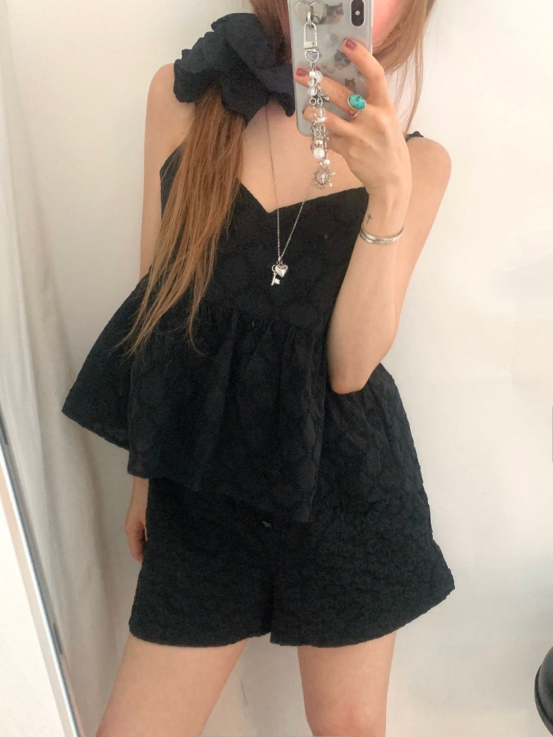 【Adonisis】シャギー×チュールパフリボンTOP★☆S25308 セール】jacquard ribbon flare cami tops / ジャカードリボン