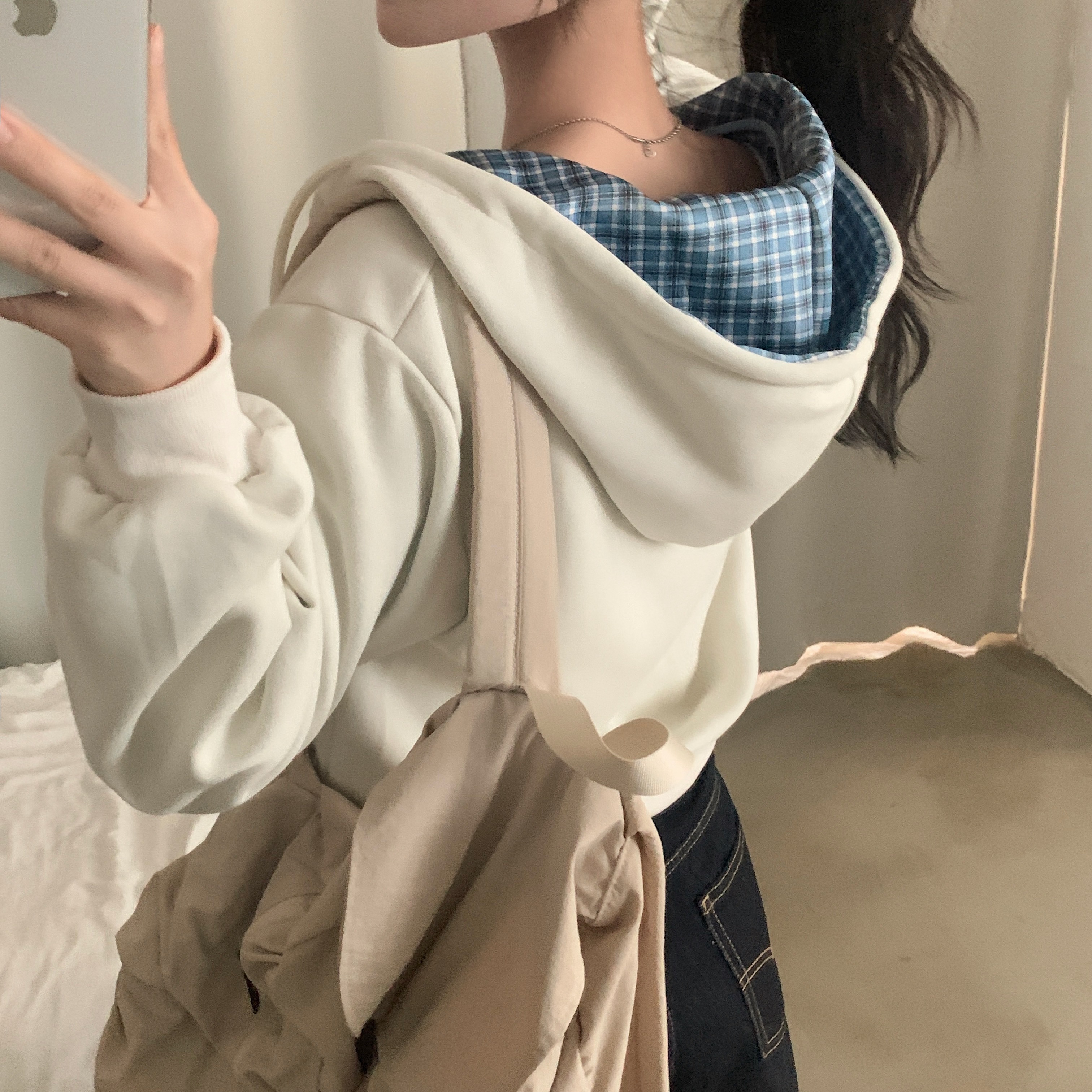 YUEQIQI猫グレー フード付き クロップドトップス YUEQIQI猫グレー フード付き クロップドトップス YUEQIQI猫