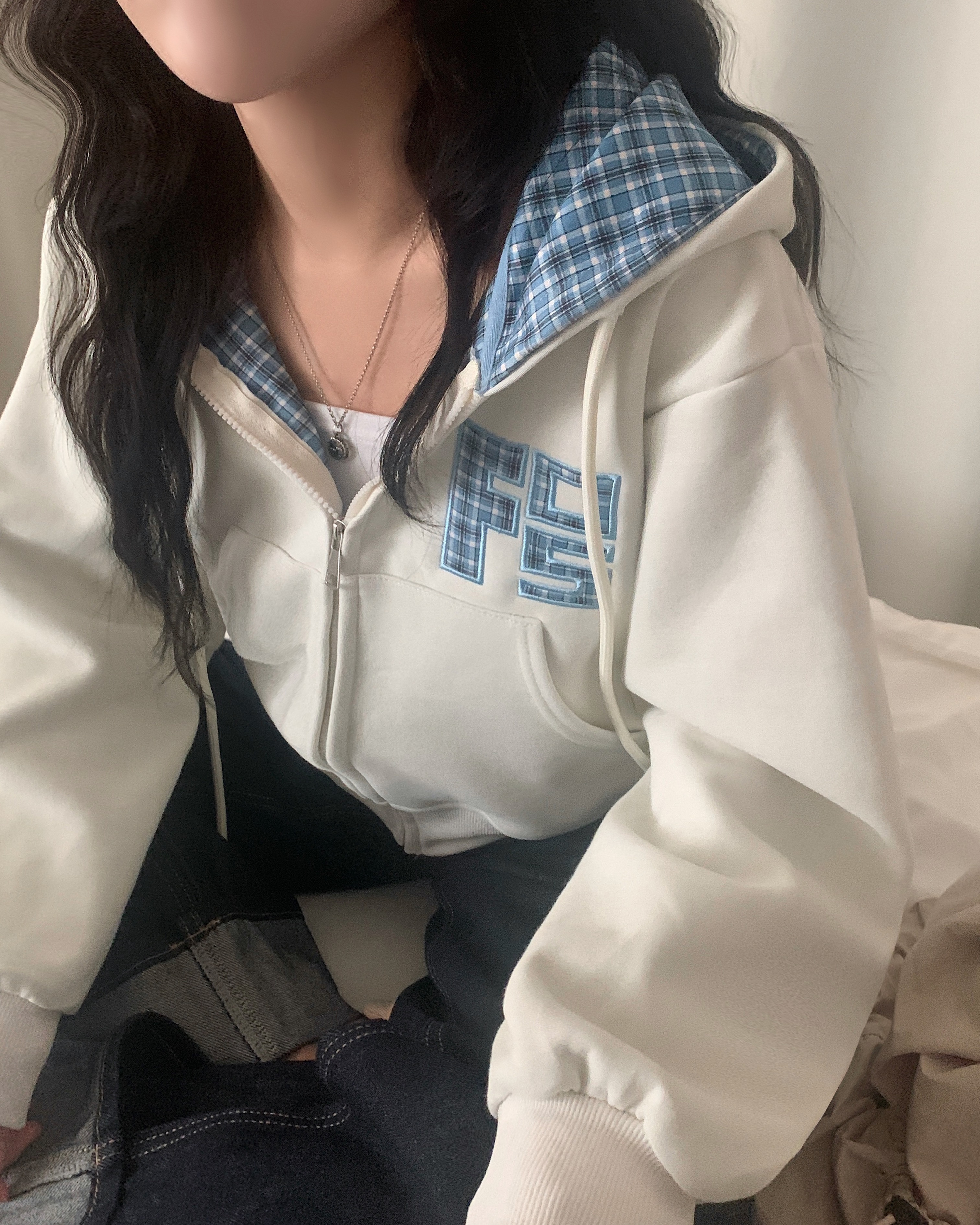 チェックバイカラールーズフィットクロップドパーカー | ファッション