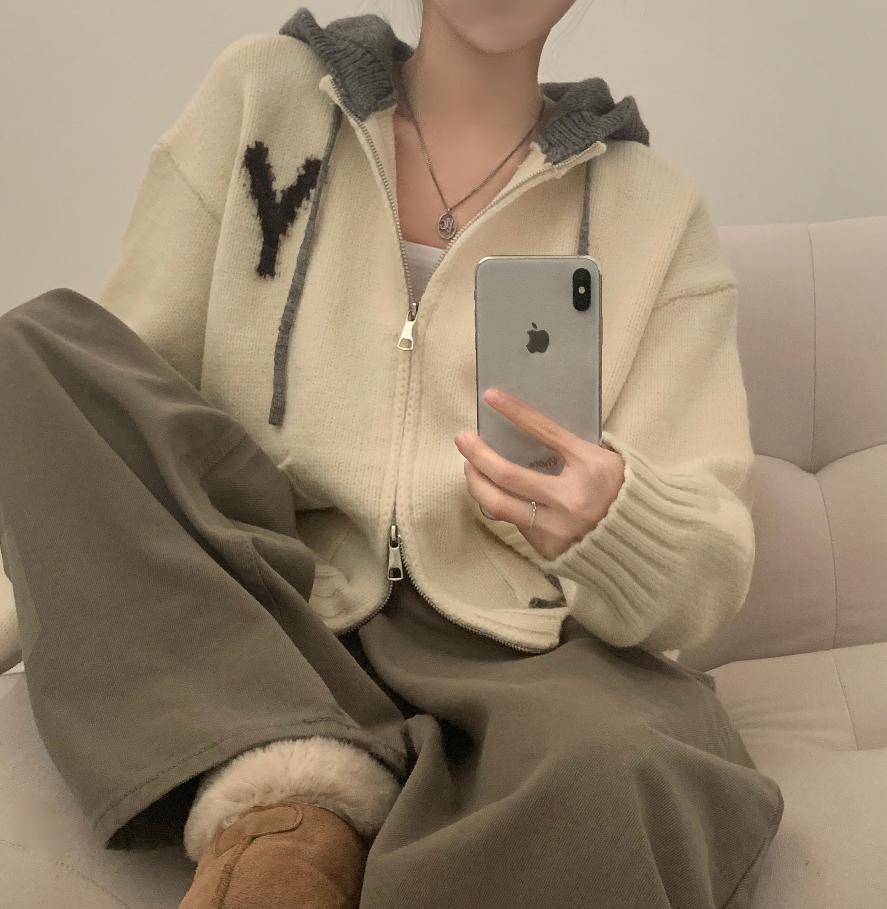 4color)バイカラーオーバーフィットニットフード付きパーカー