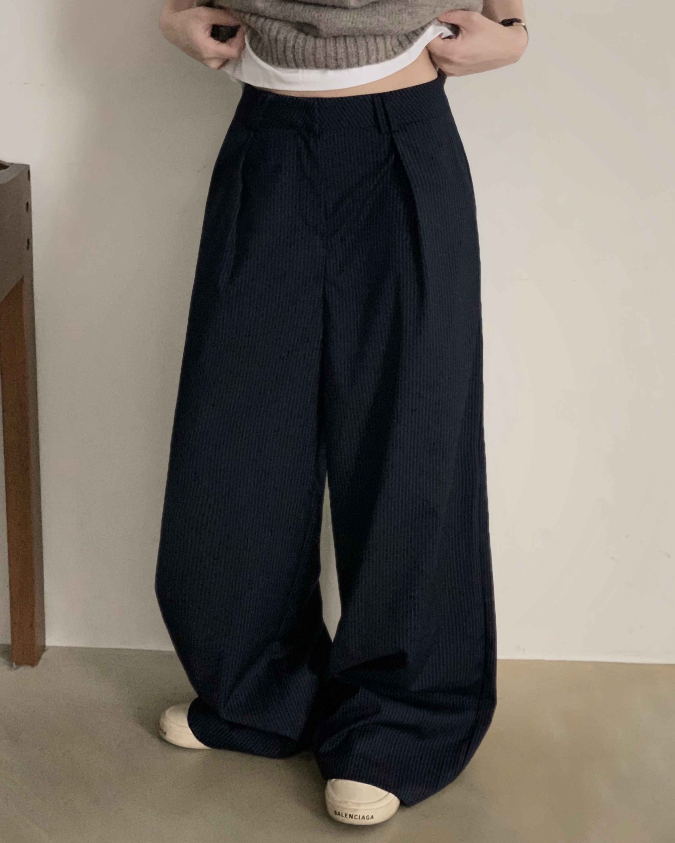 3color)ストライプタック入りワイドスラックス | ファッション通販