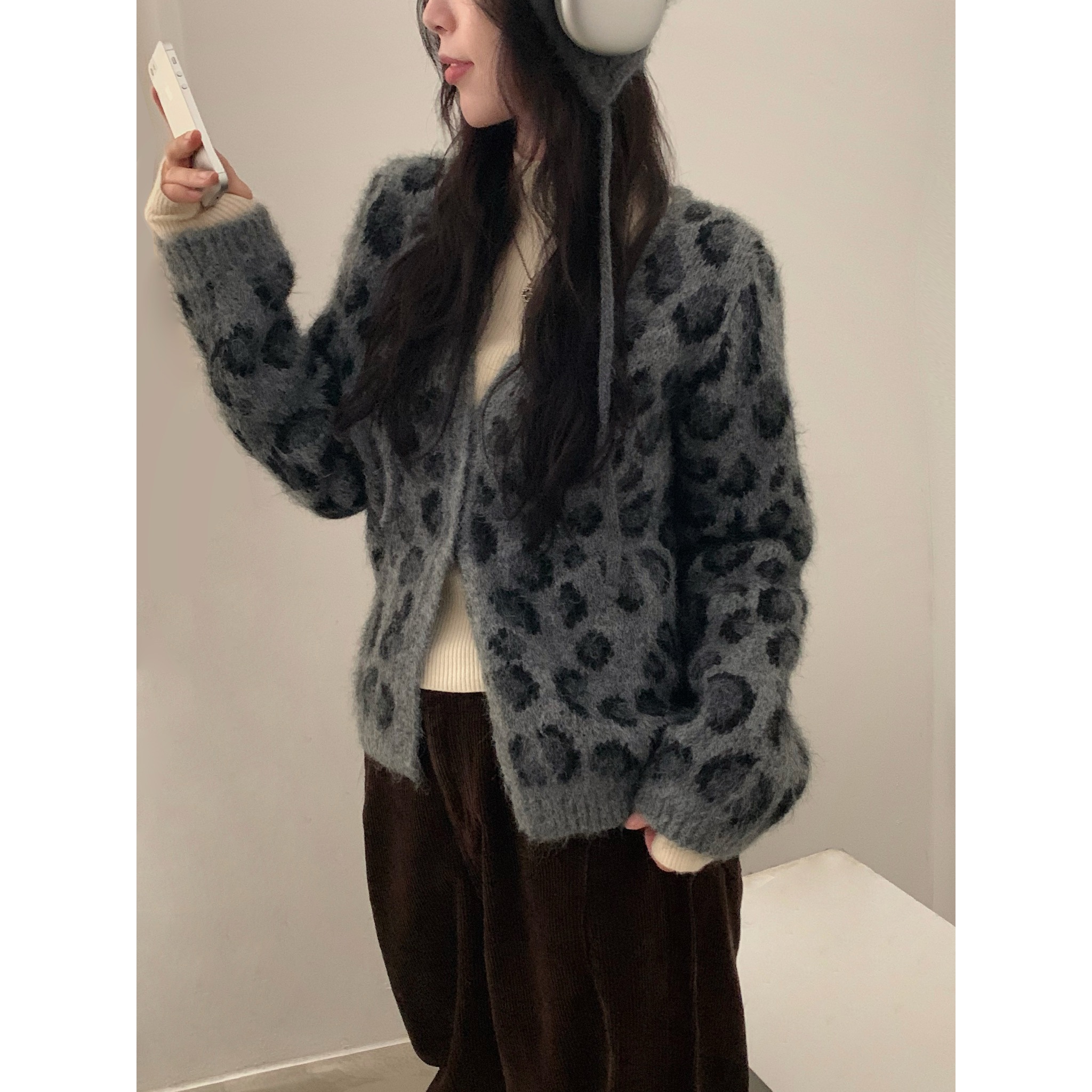 2color)アンゴラレオパードニットカーディガン | ファッション通販
