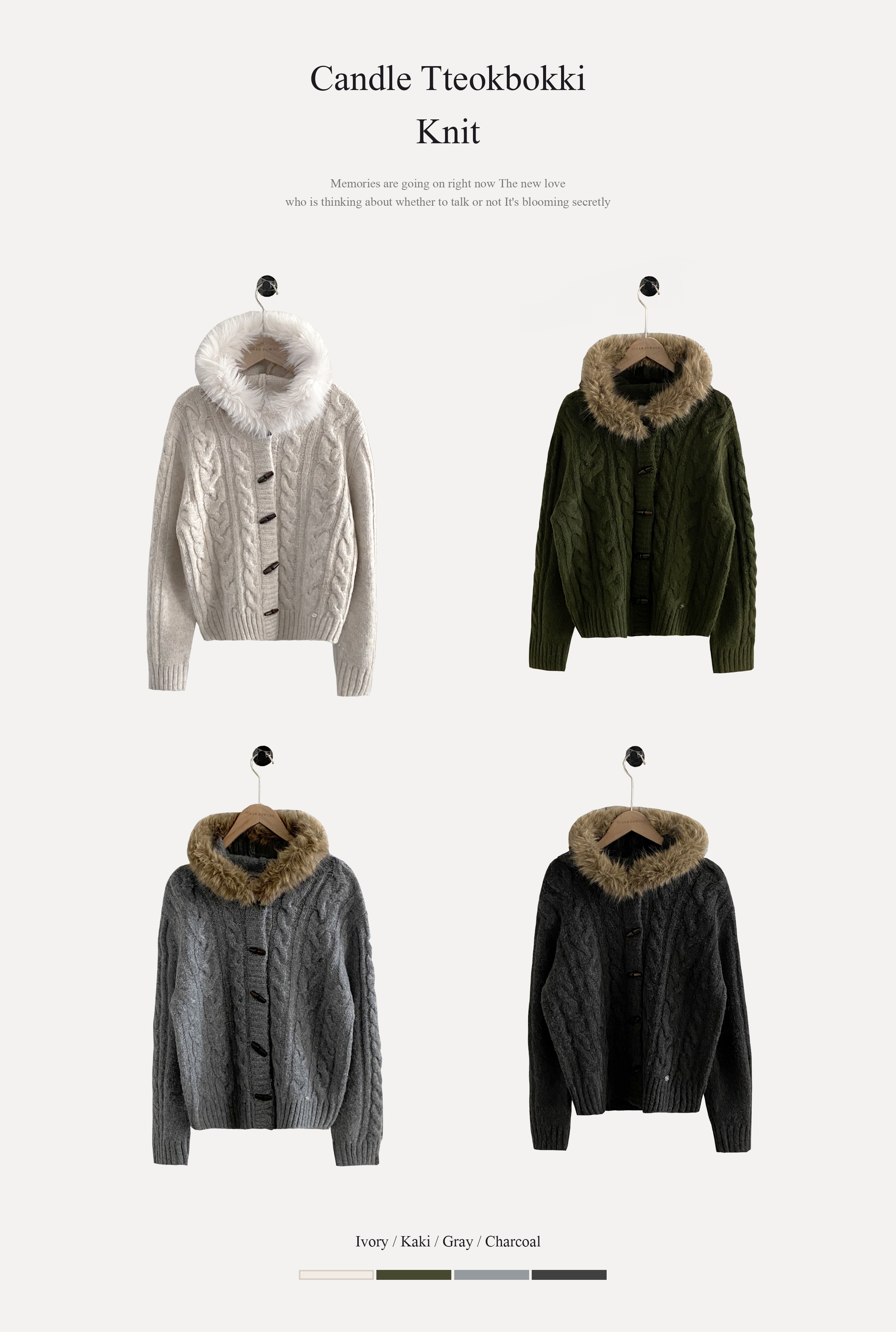 4 color) ウール混 厚手 トグルボタン ファー付きフード ケーブル編み