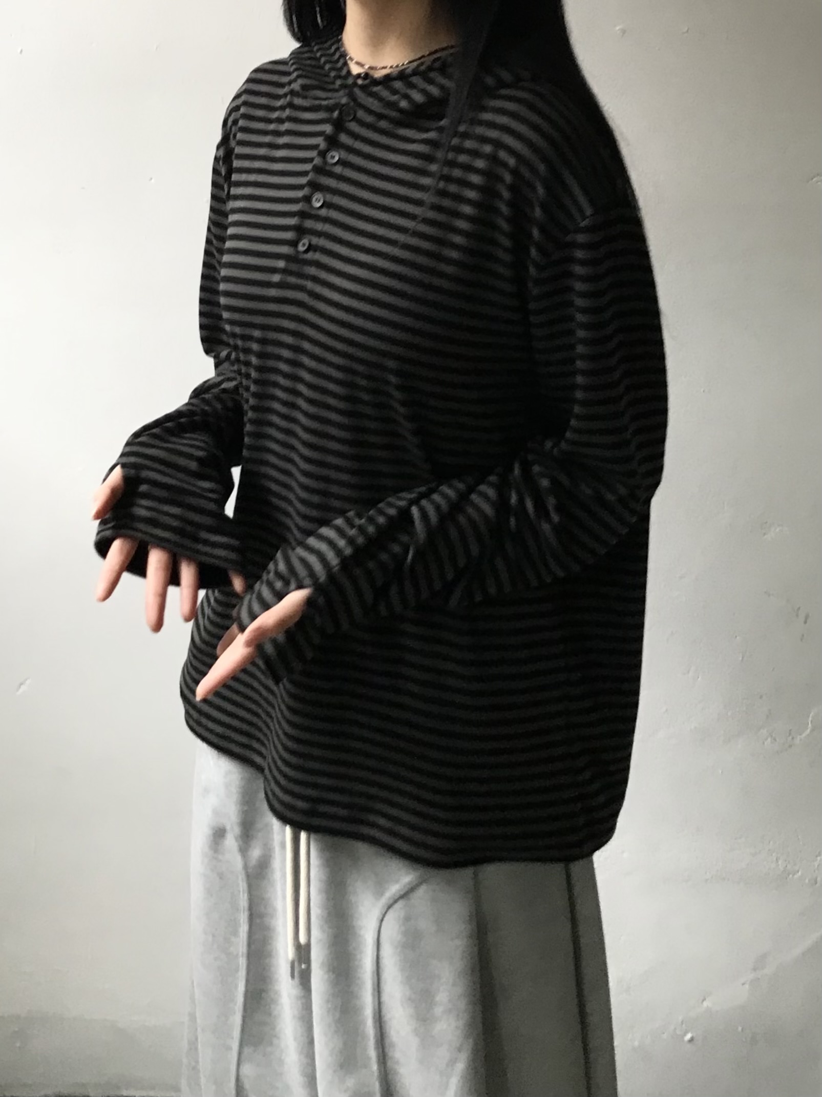 4color)指穴付きボーダーヘンリーネックフード付きTシャッ