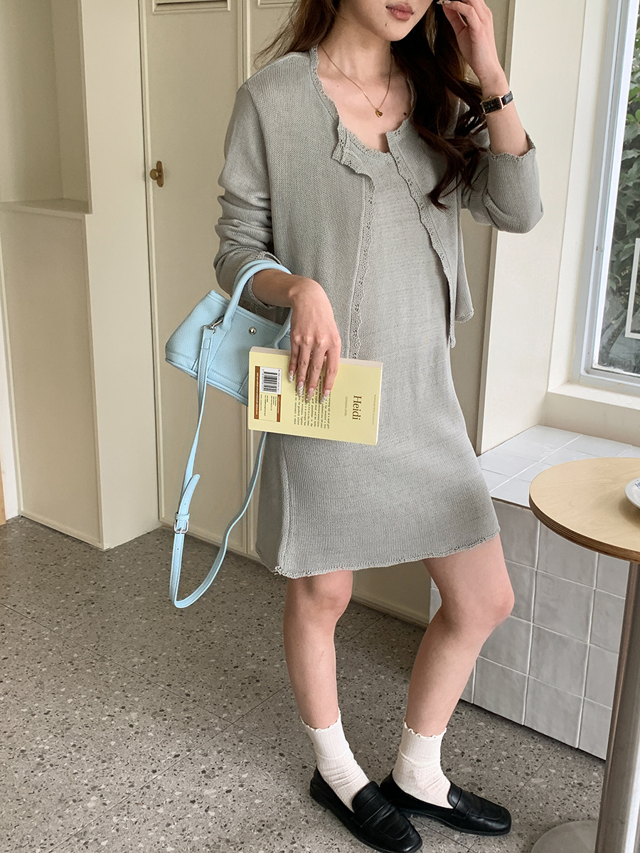 ノースリーブ ニットロングワンピース /カーディガンセット売りダークブラウン 4color)(set)レースノースリーブニットワンピース & カーディガン