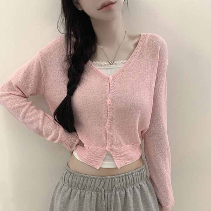 5 color)Vネッククロップドボタンサマーカーディガン | ファッション