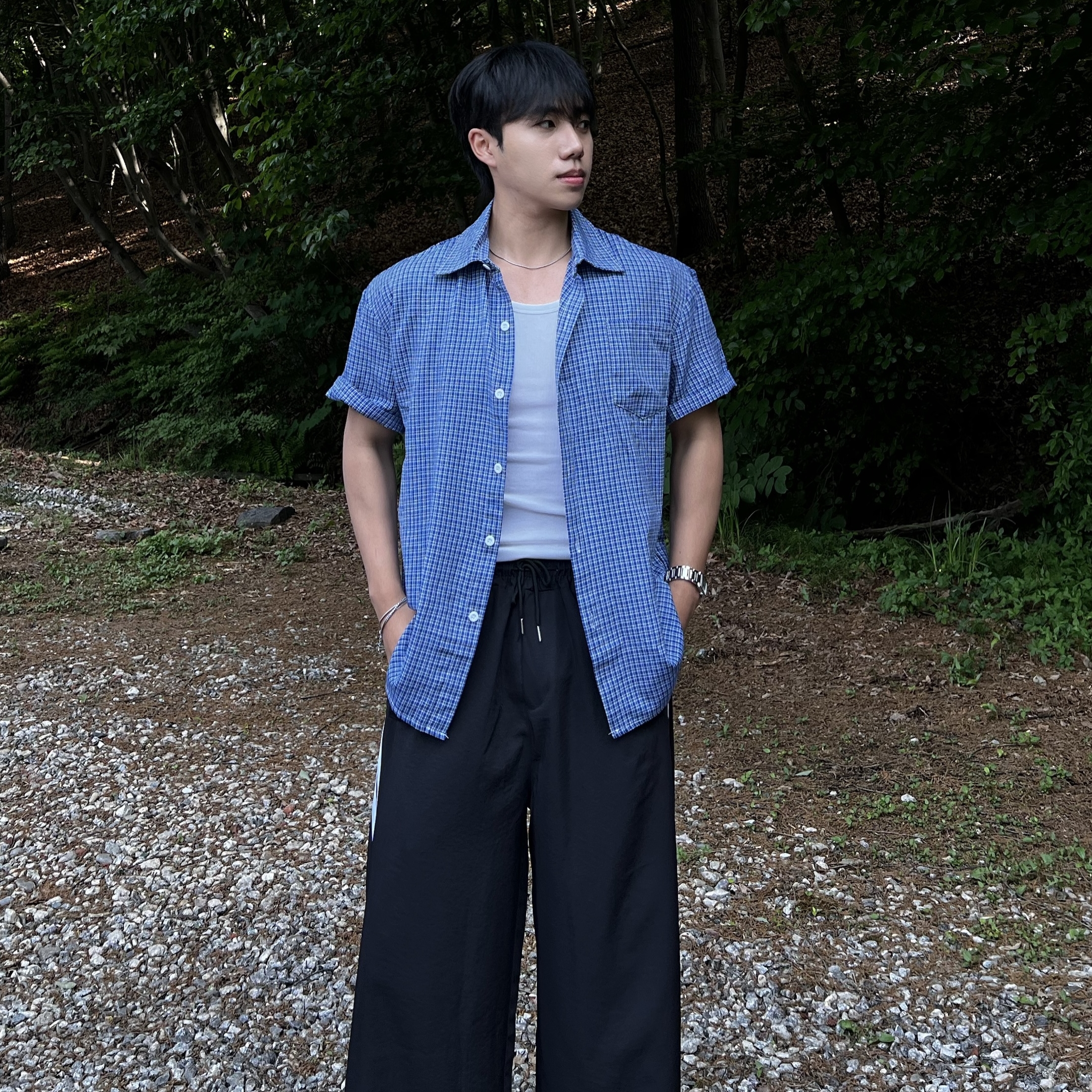 [1+1] 원 시그니처 린넨 체크 포켓 반팔 셔츠 (2color)