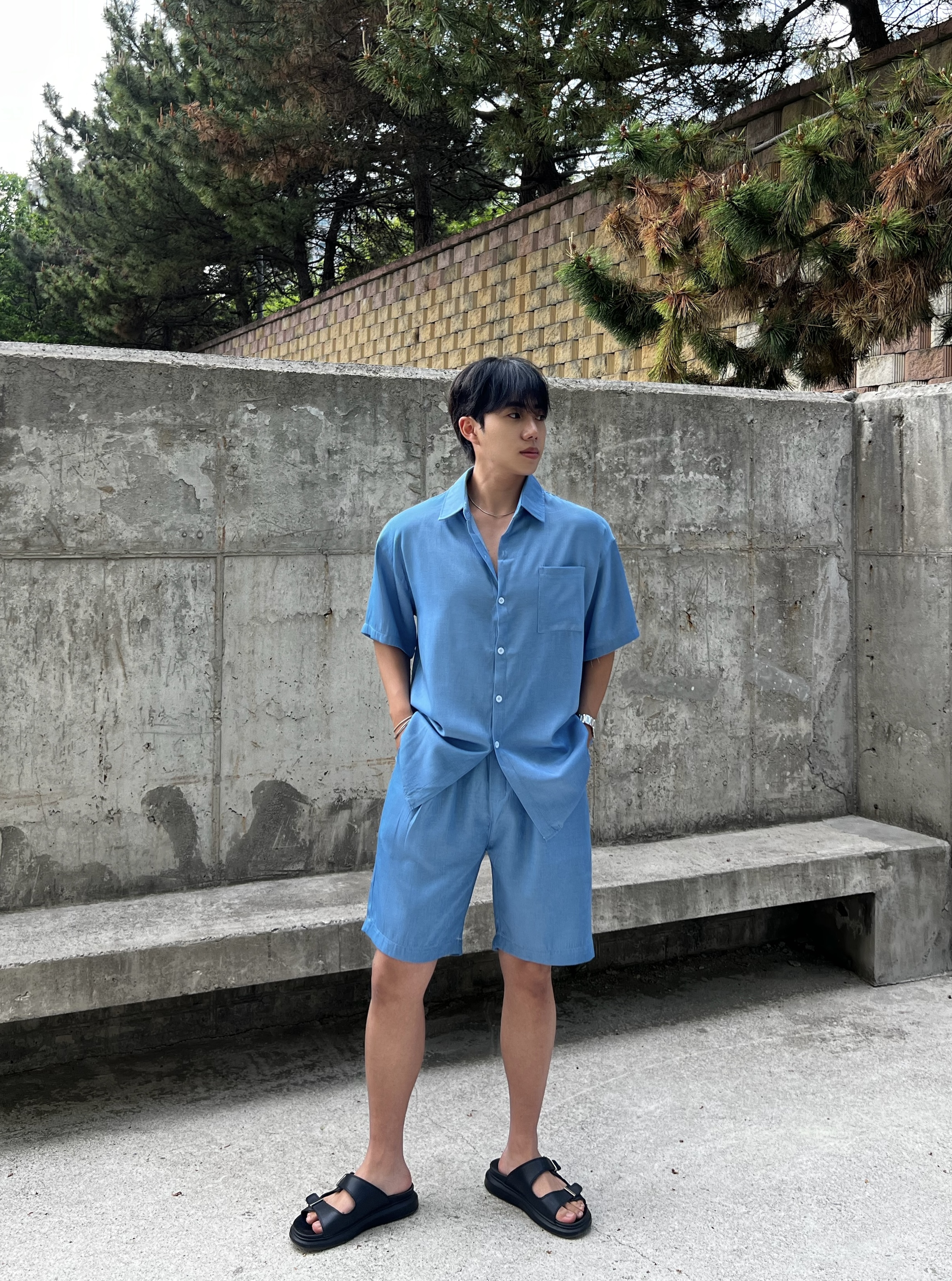 원 아이스 실크 데님 반팔 셔츠 반바지 세트 (1color)