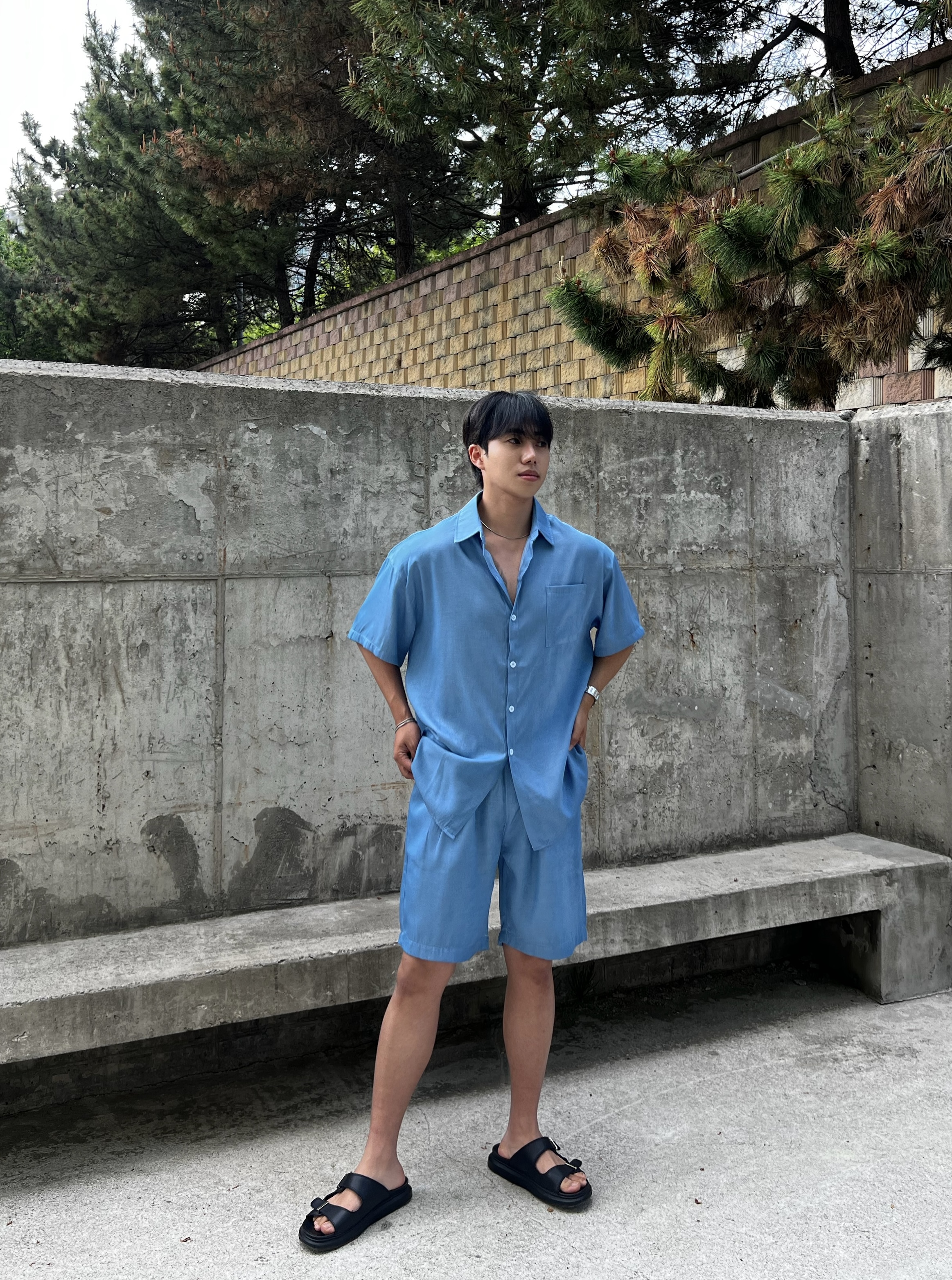 원 아이스 실크 데님 반팔 셔츠 반바지 세트 (1color)