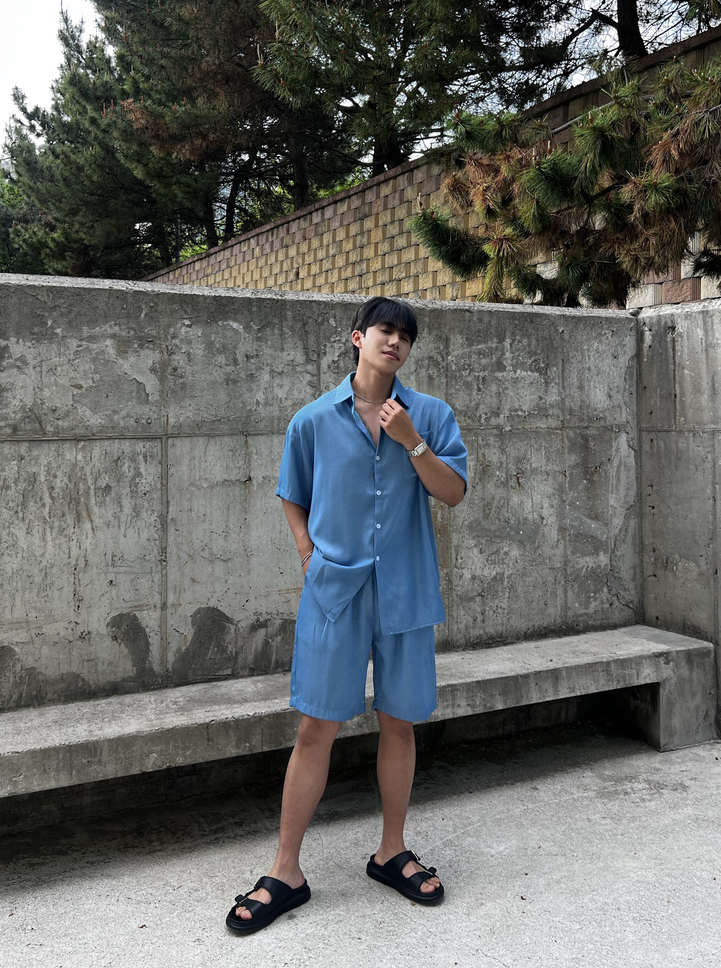 원 아이스 실크 데님 반팔 셔츠 반바지 세트 (1color)