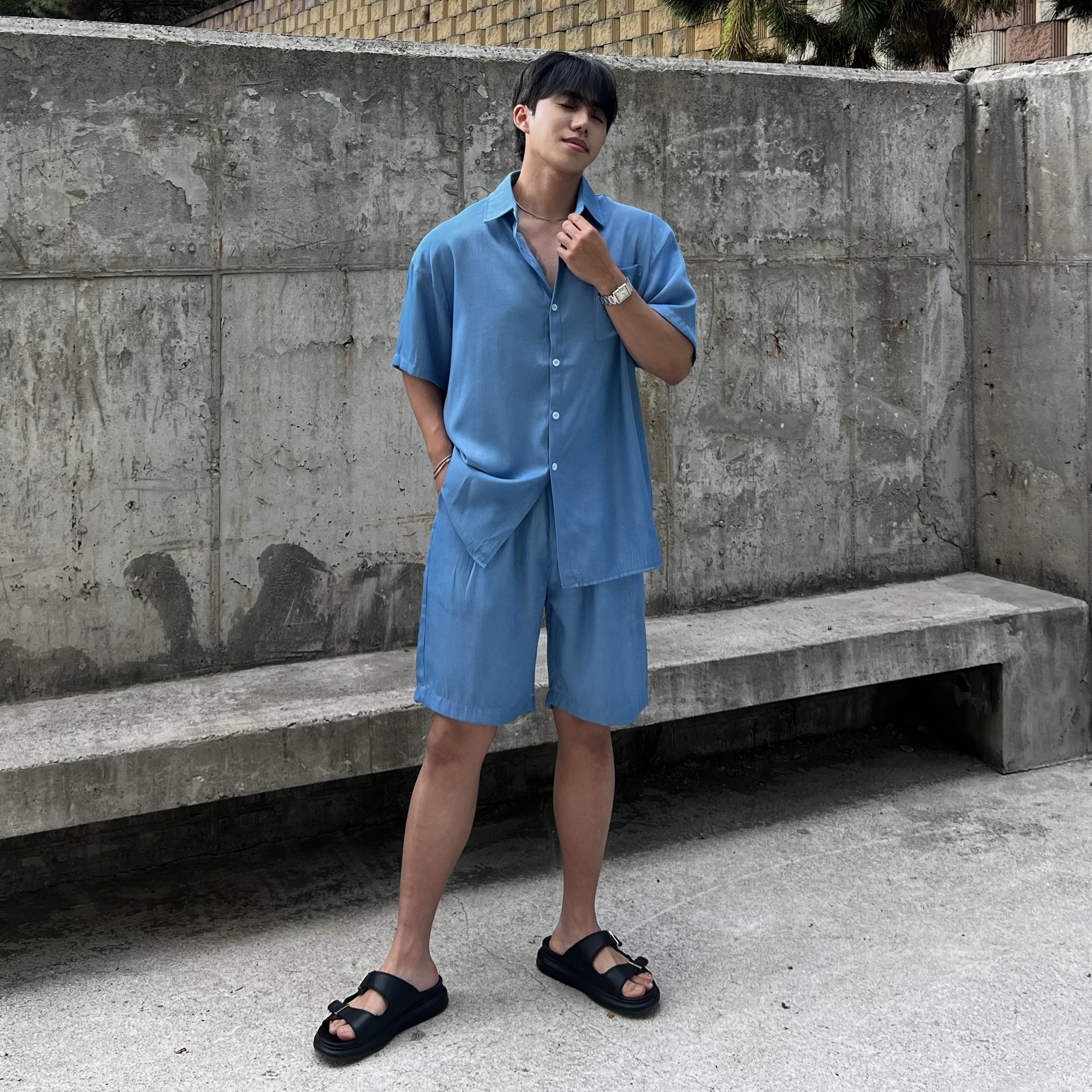 원 아이스 실크 데님 반팔 셔츠 반바지 세트 (1color)