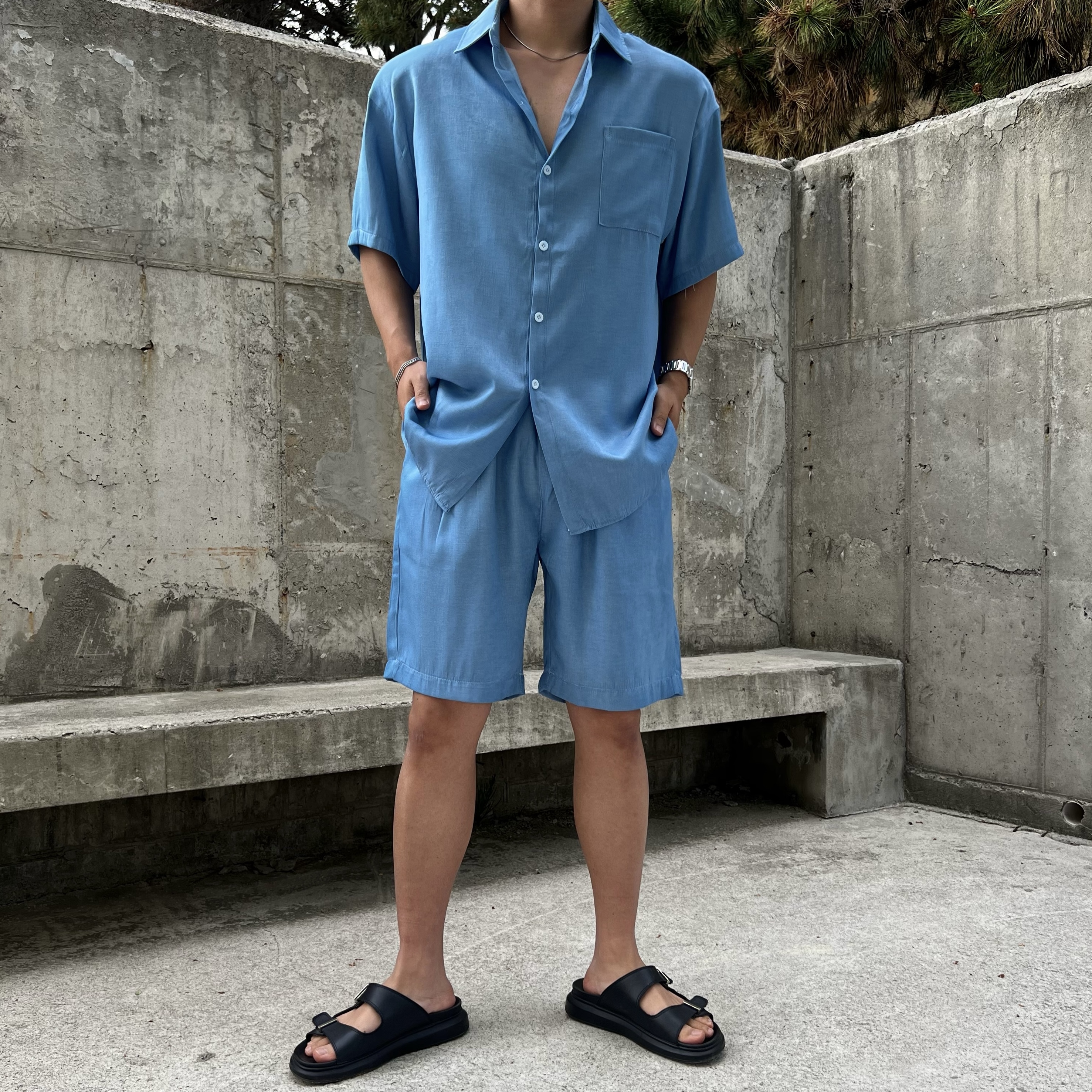 원 아이스 실크 데님 반팔 셔츠 반바지 세트 (1color)
