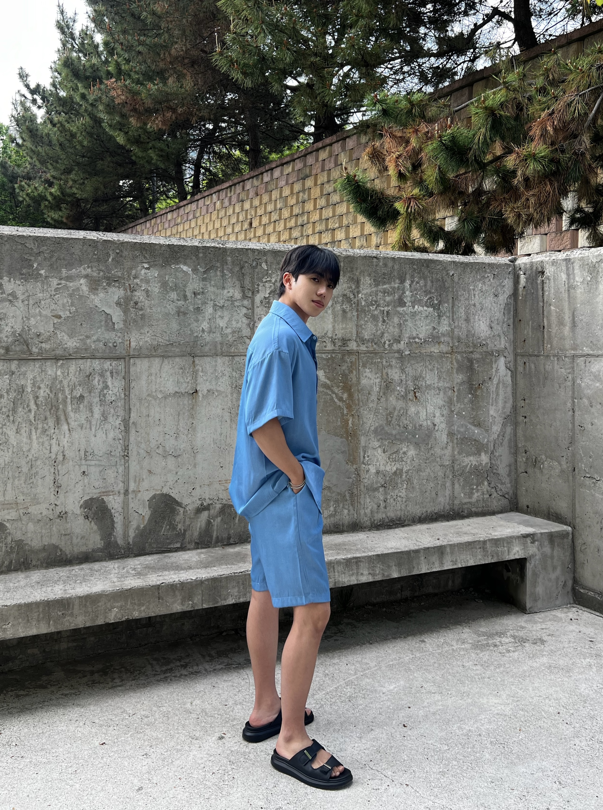 원 아이스 실크 데님 반팔 셔츠 반바지 세트 (1color)