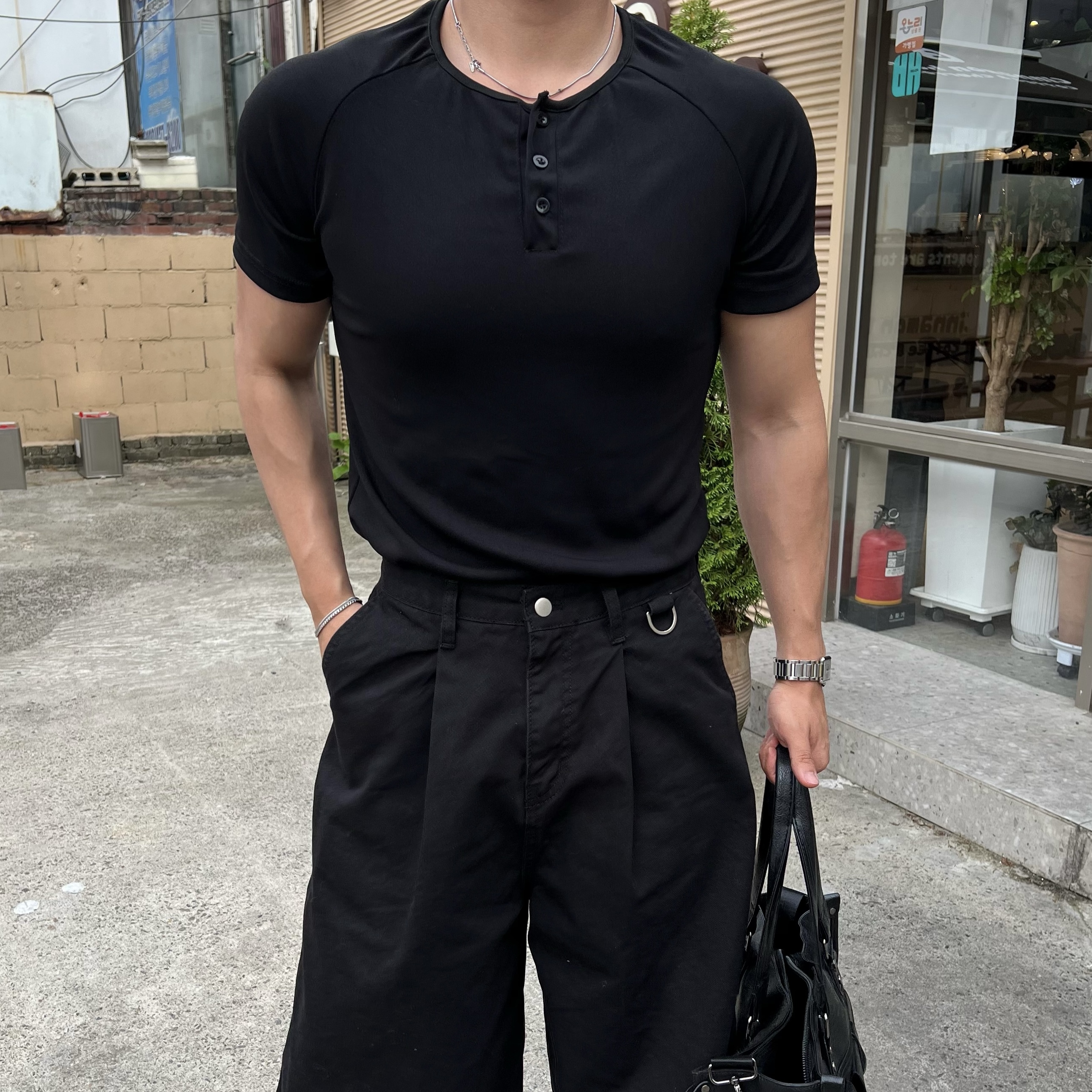 원 스판 매쉬 골지 크롭 헨리넥 크롭 반팔 (2color)