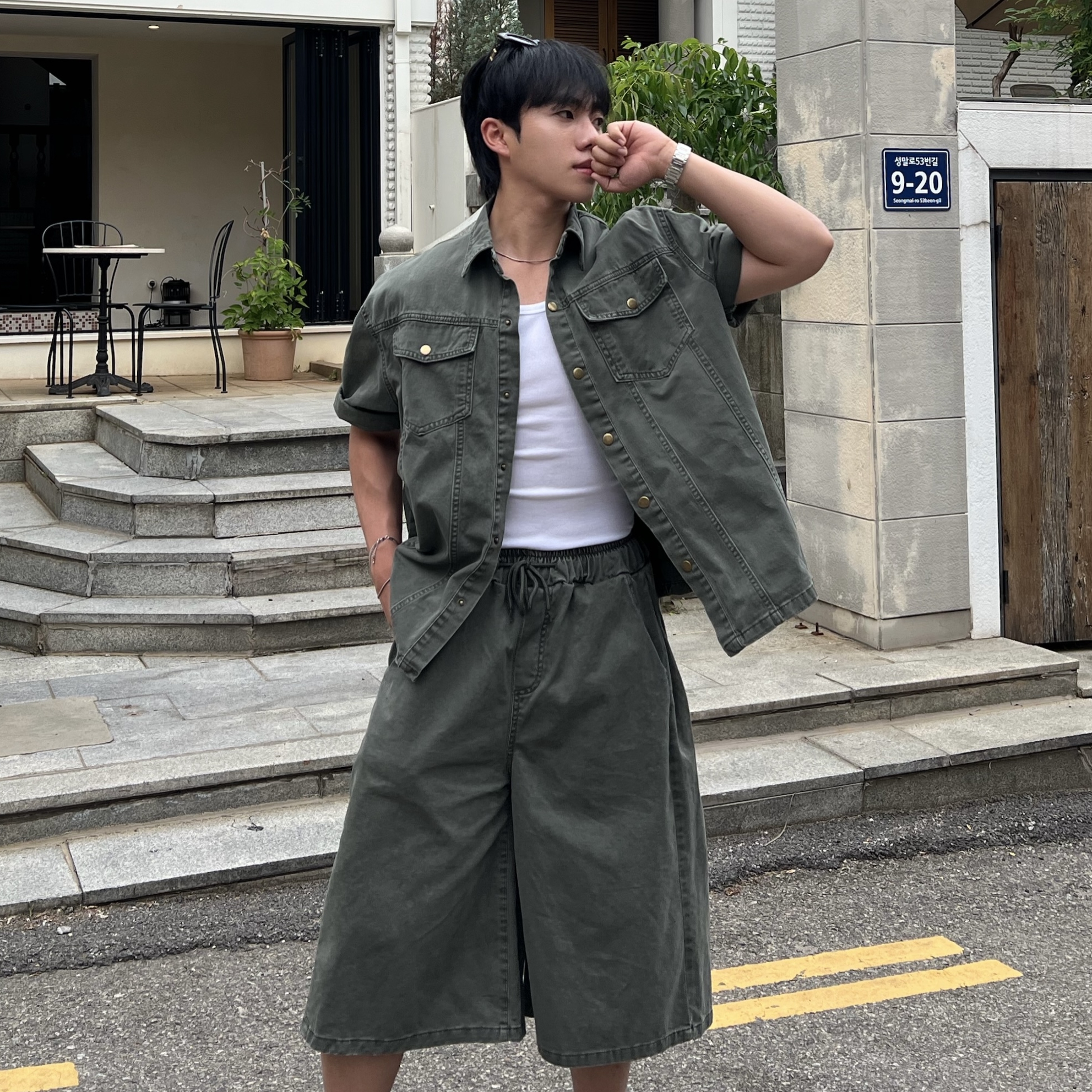 가크 시그니처 빈티지 워크 스냅 반팔 셔츠 자켓 반바지 세트 (2color)