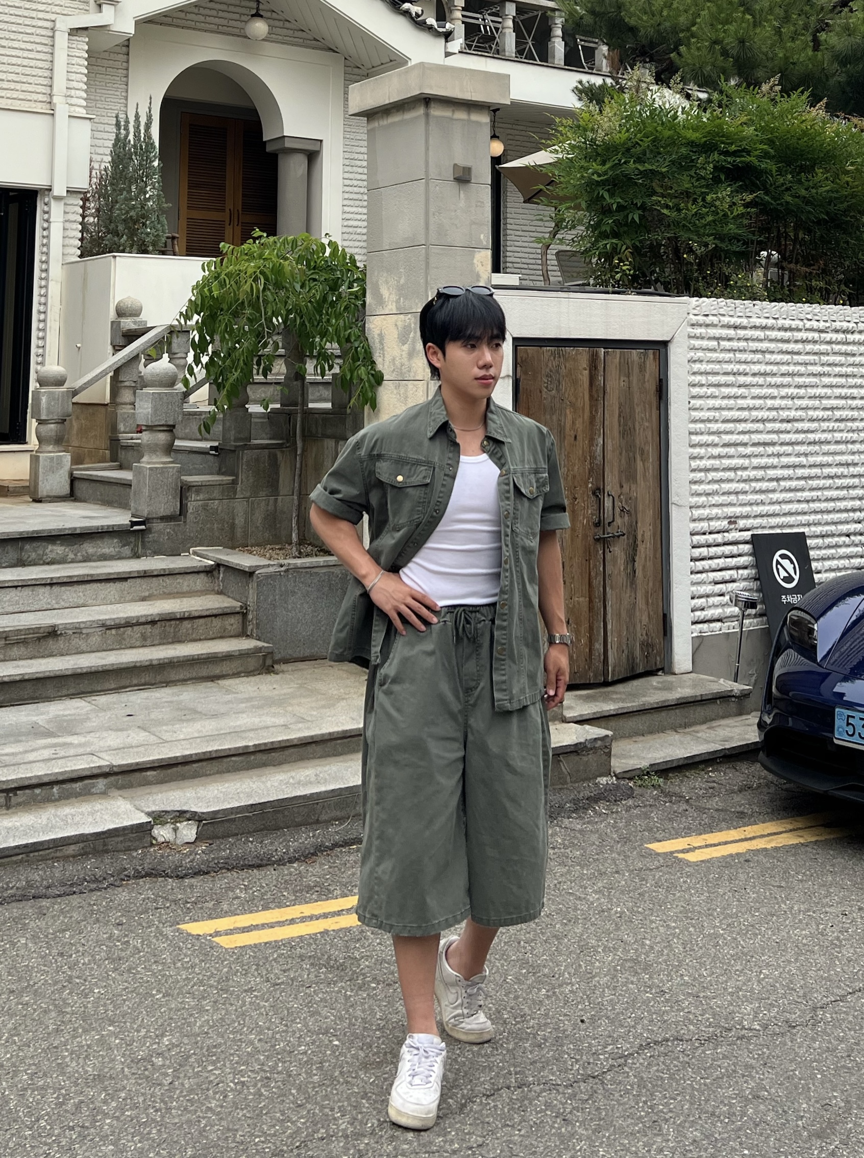 가크 시그니처 빈티지 워크 스냅 반팔 셔츠 자켓 반바지 세트 (2color)