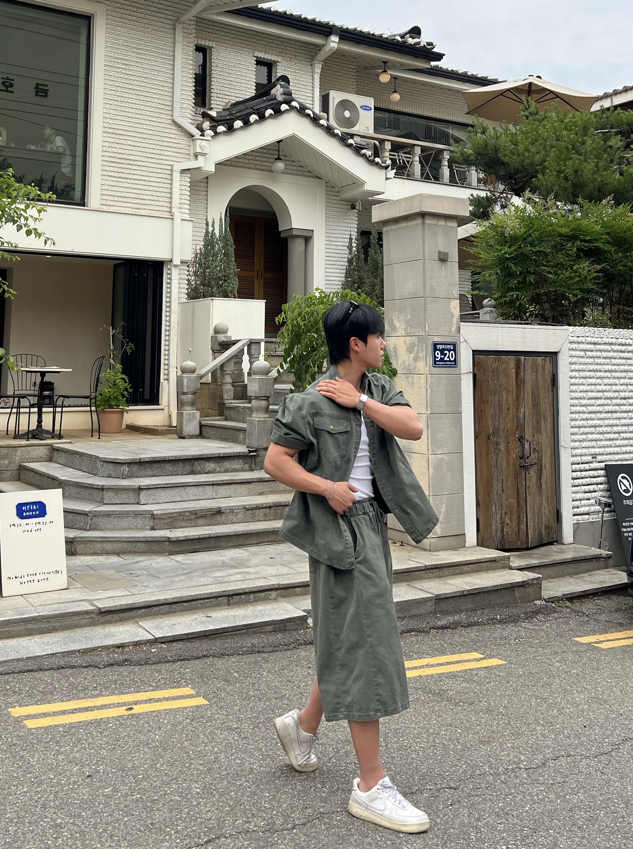 가크 시그니처 빈티지 워크 스냅 반팔 셔츠 자켓 반바지 세트 (2color)
