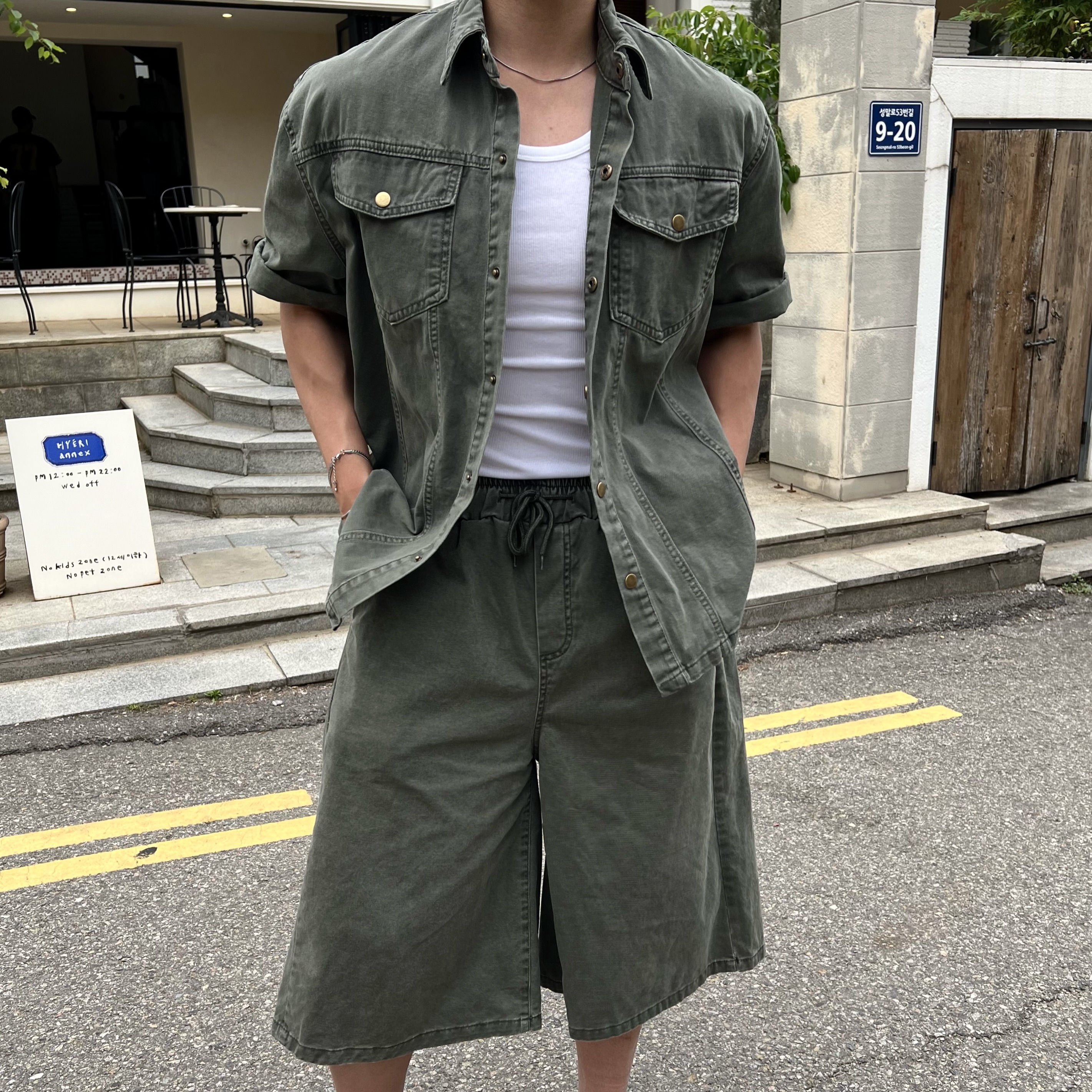 가크 시그니처 빈티지 워크 스냅 반팔 셔츠 자켓 반바지 세트 (2color)