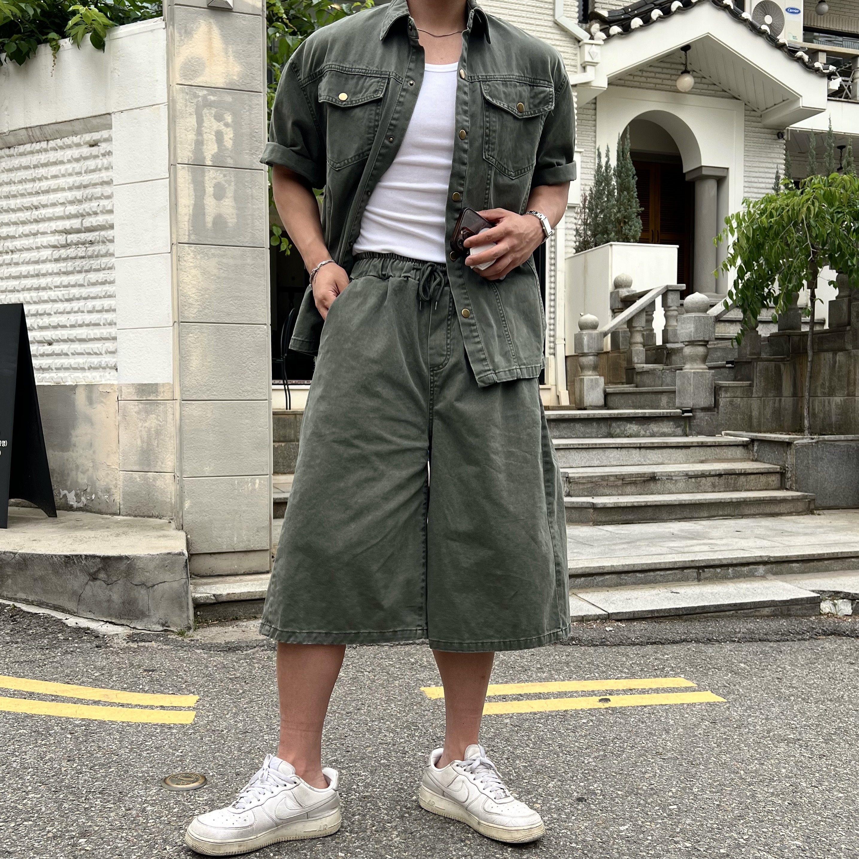 가크 시그니처 빈티지 워크 스냅 반팔 셔츠 자켓 반바지 세트 (2color)