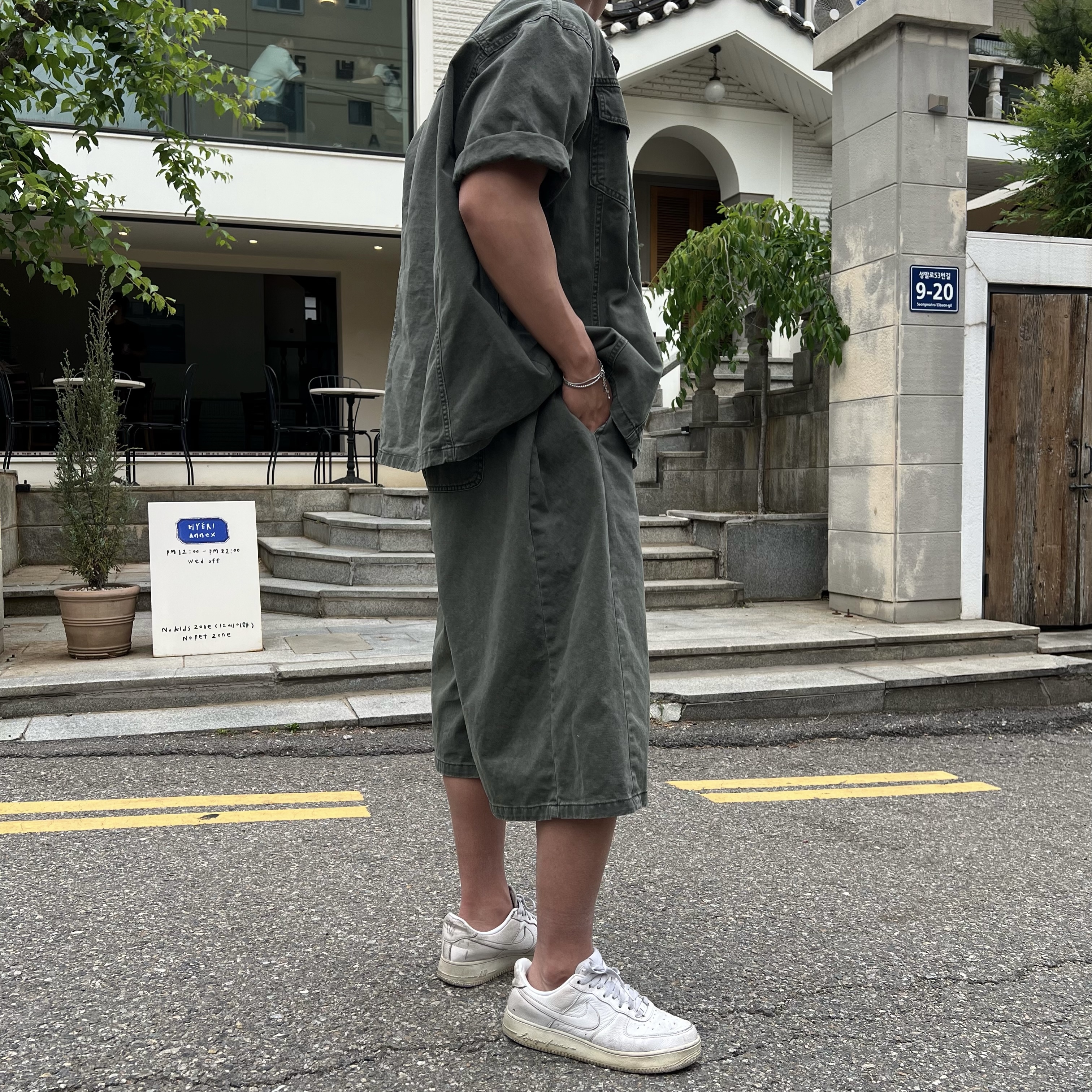 가크 시그니처 빈티지 워크 스냅 반팔 셔츠 자켓 반바지 세트 (2color)