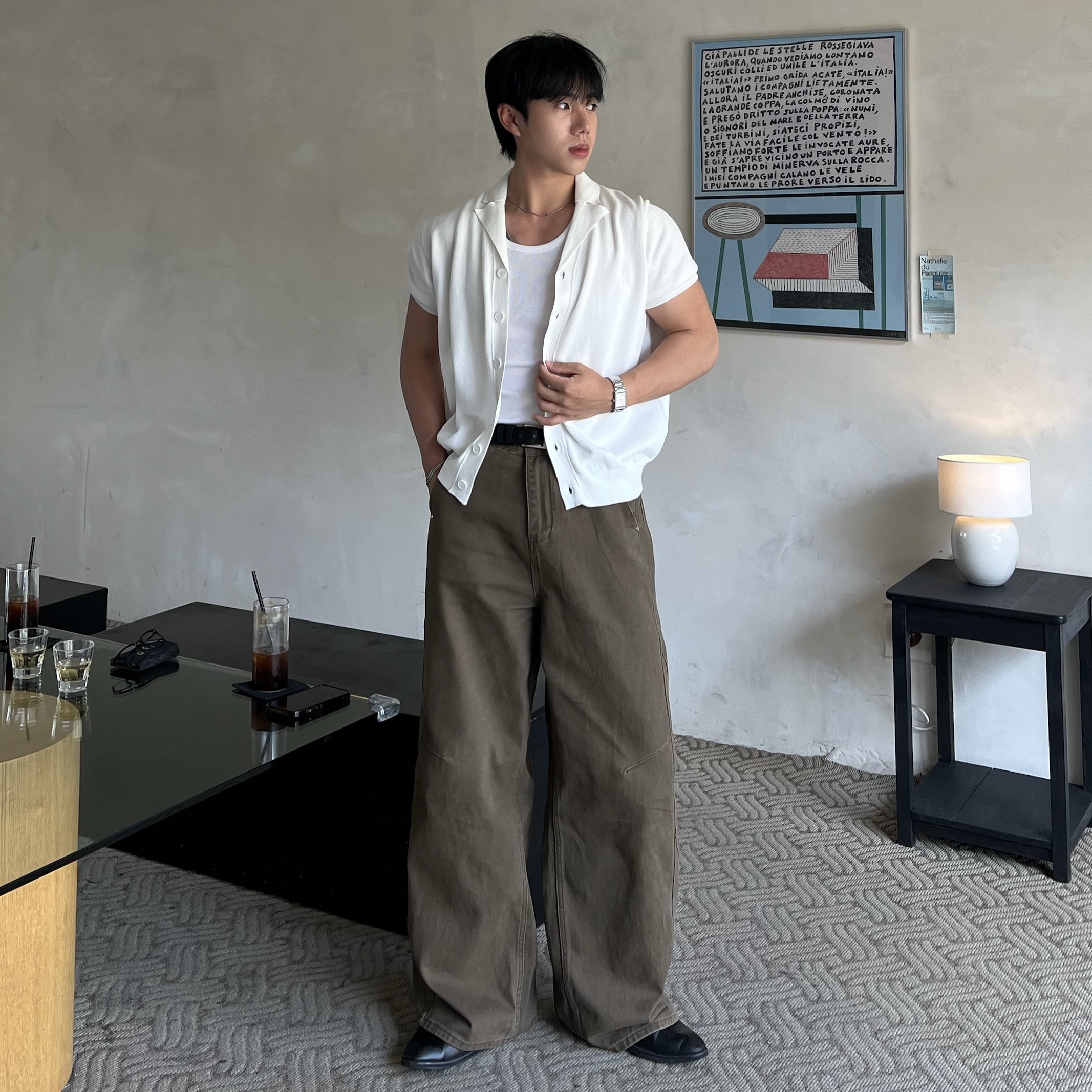 디덴 사이드 절개 브라운 코튼 팬츠 (1color)