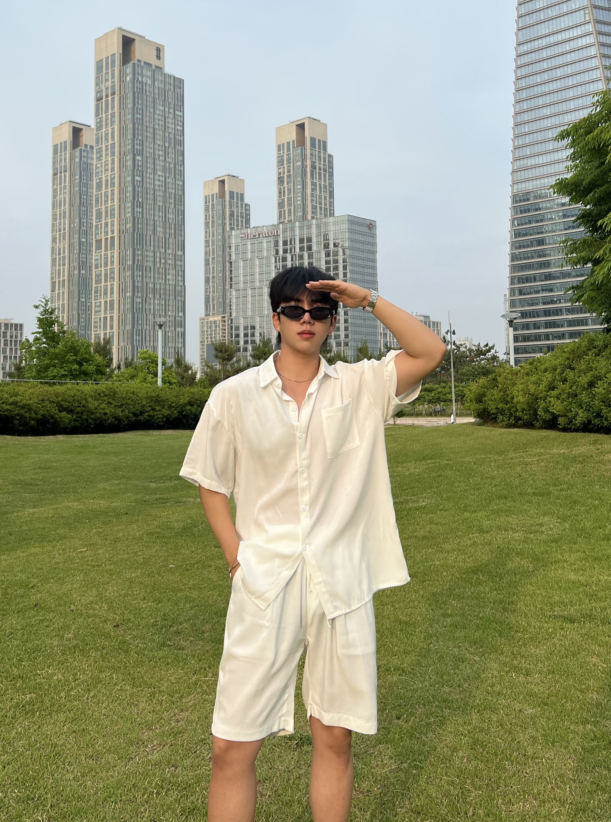 원 VER2 아이스 실크 데님 반팔 셔츠 반바지 세트 1color