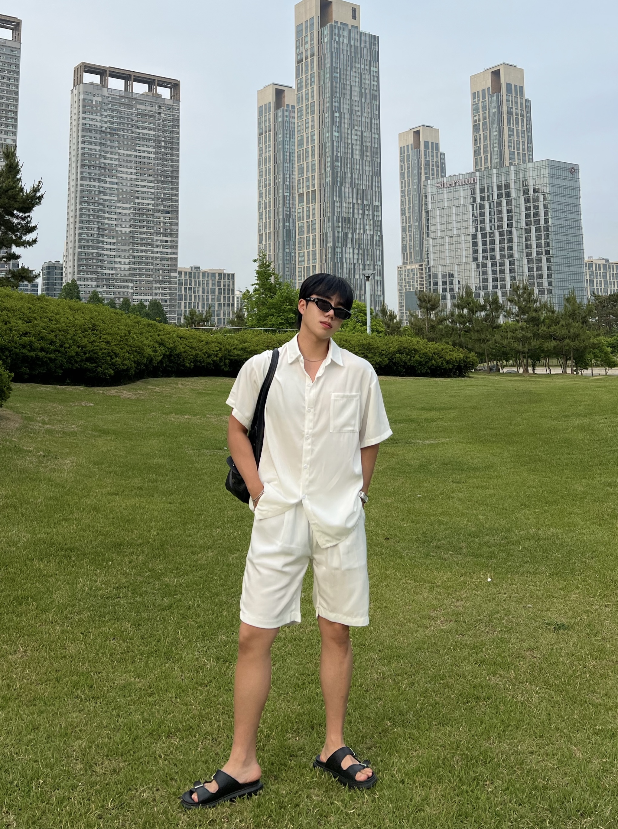 원 VER2 아이스 실크 데님 반팔 셔츠 반바지 세트 1color