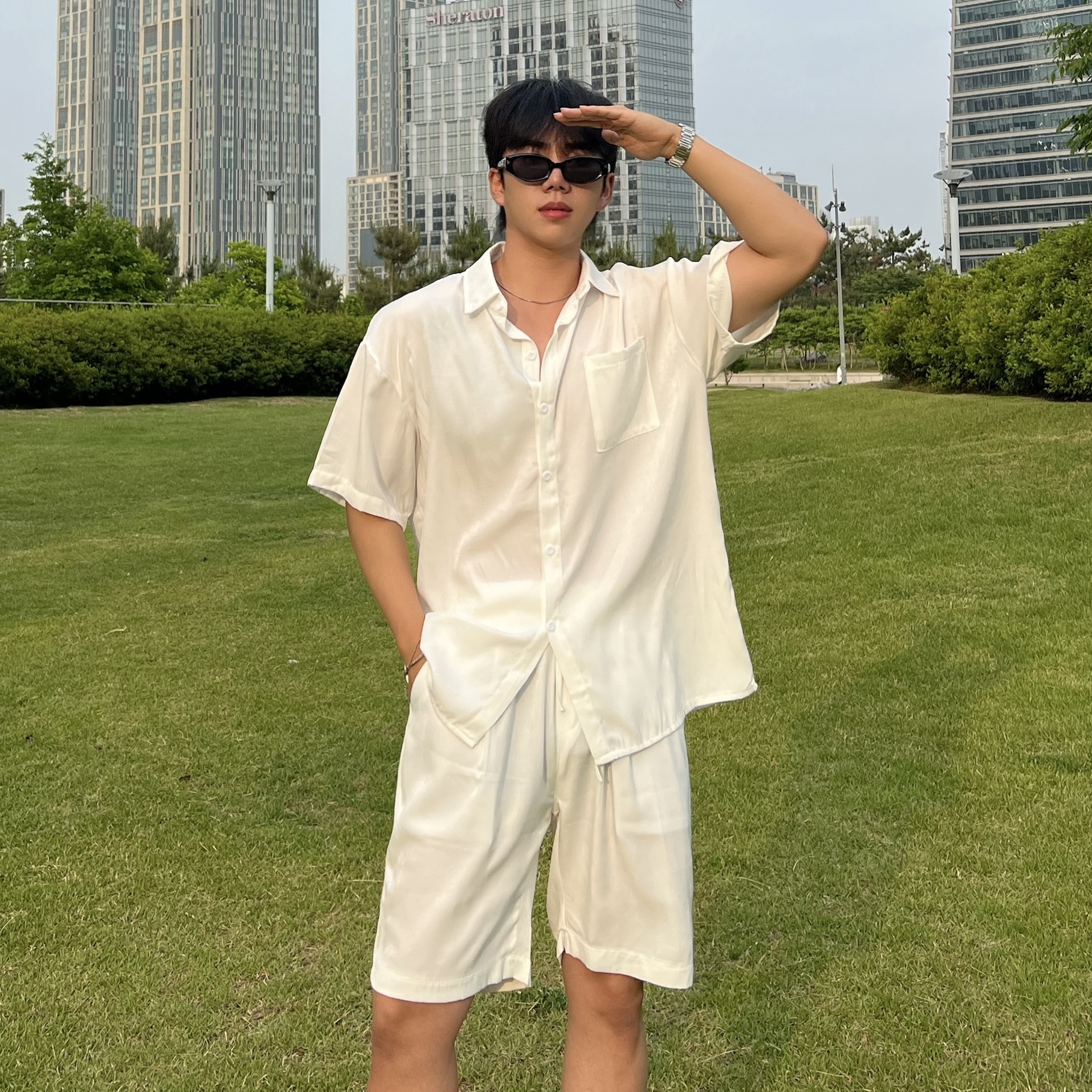 원 VER2 아이스 실크 데님 반팔 셔츠 반바지 세트 1color