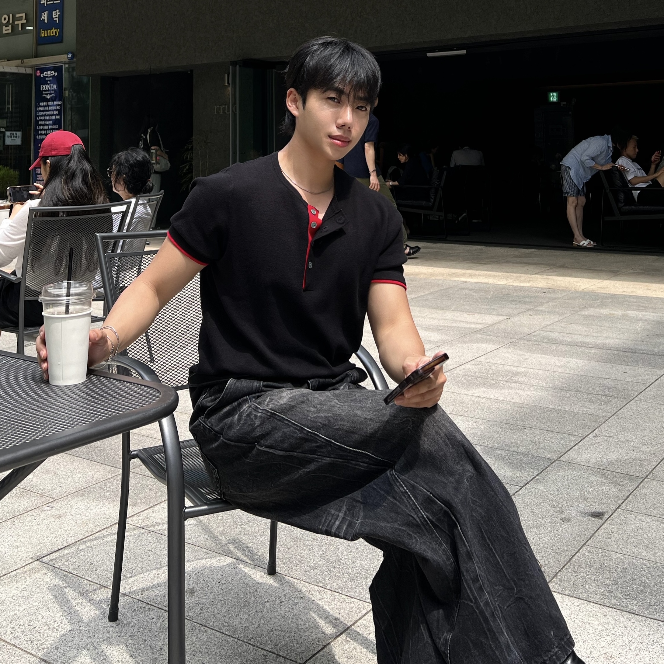인덴 시그니처 투톤 헨리넥 니트 반팔 (3color)