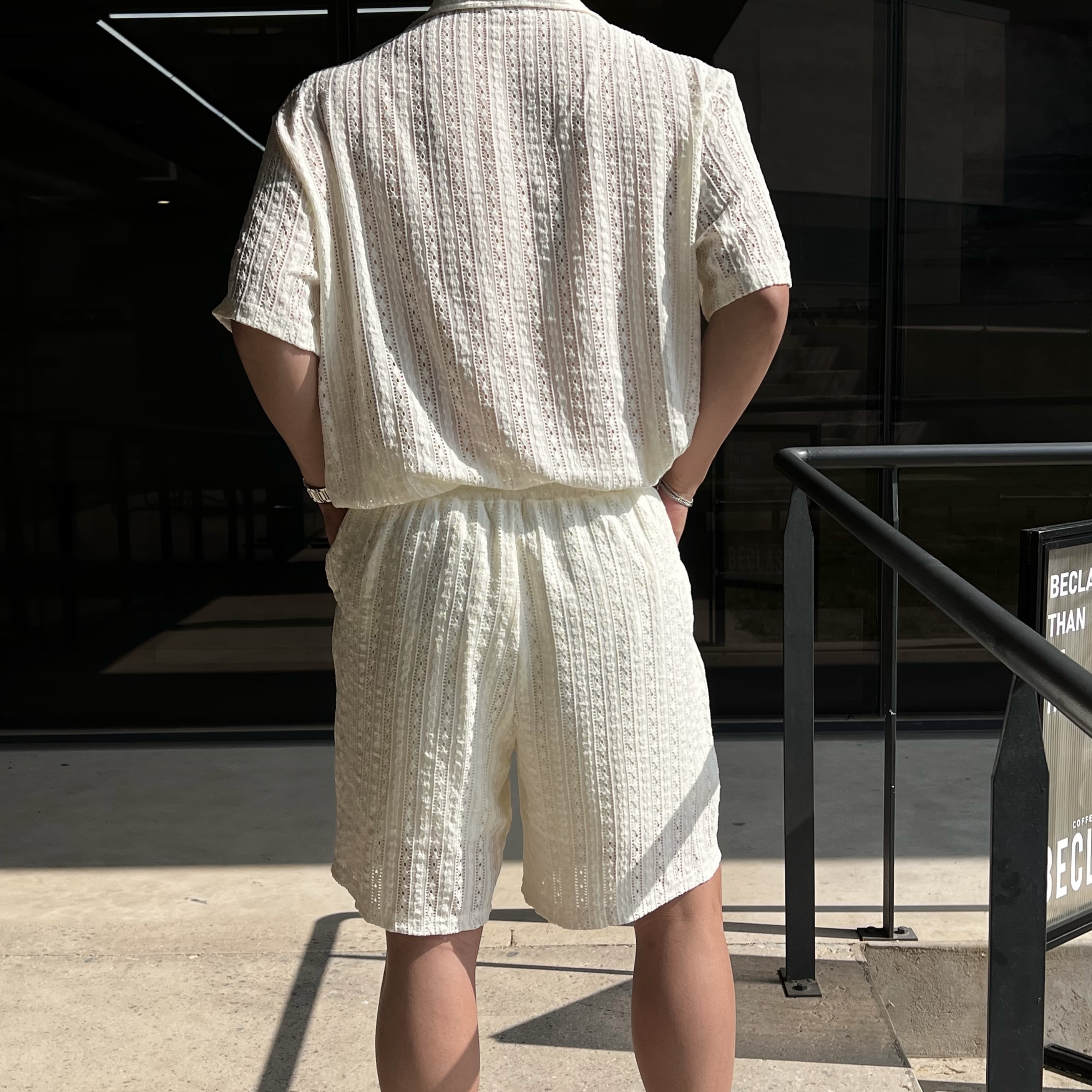 원 크로쉐 오픈 카라 셔츠 반팔 반바지 세트 (1color)