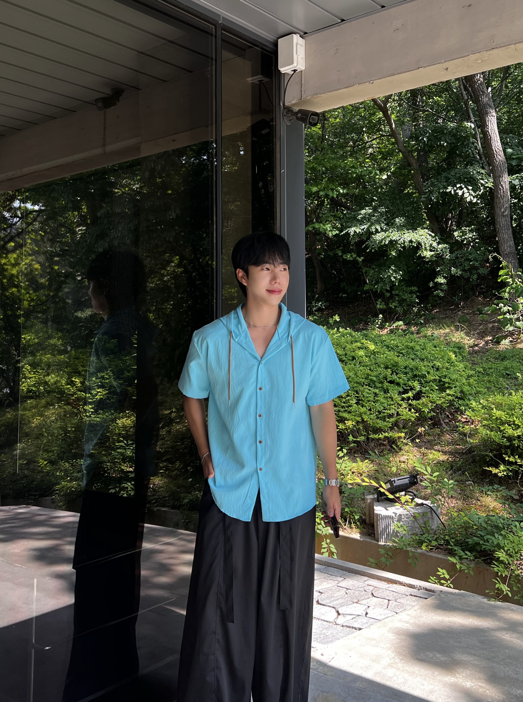 원 린넨라이크 후드 반팔 셔츠 (1color)
