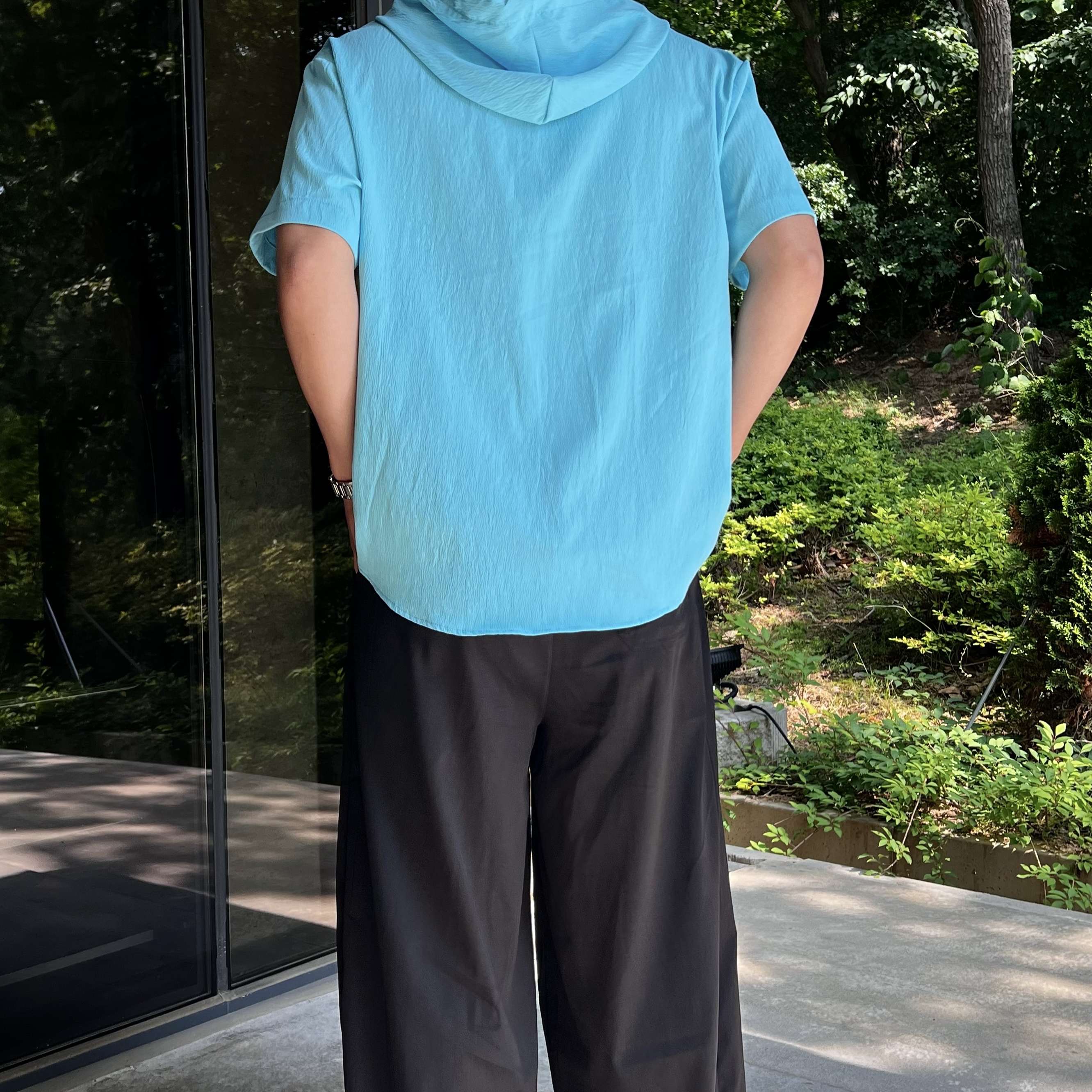 원 린넨라이크 후드 반팔 셔츠 (1color)