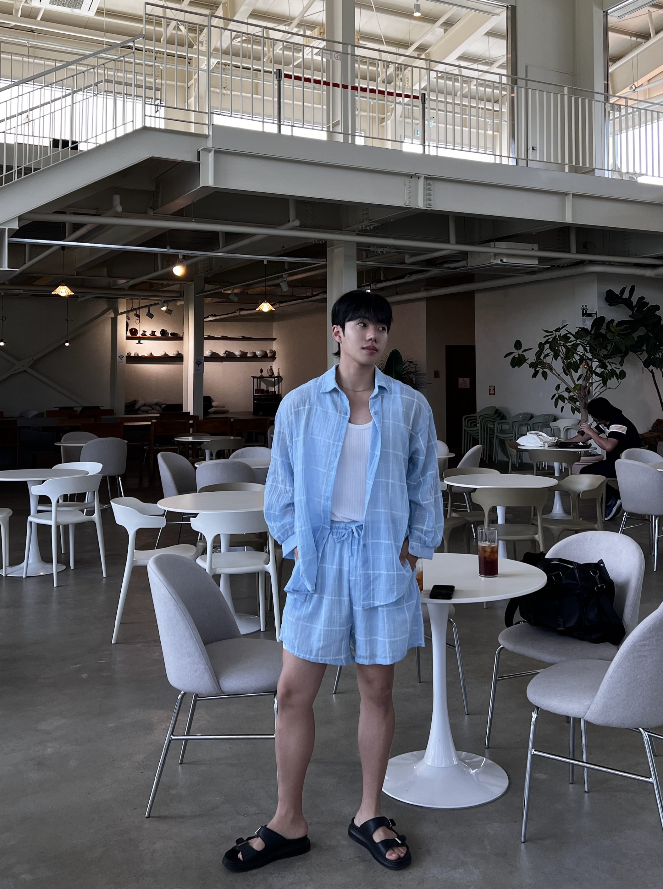 모블 린넨 체크 셔츠 반바지 세트 (1color)