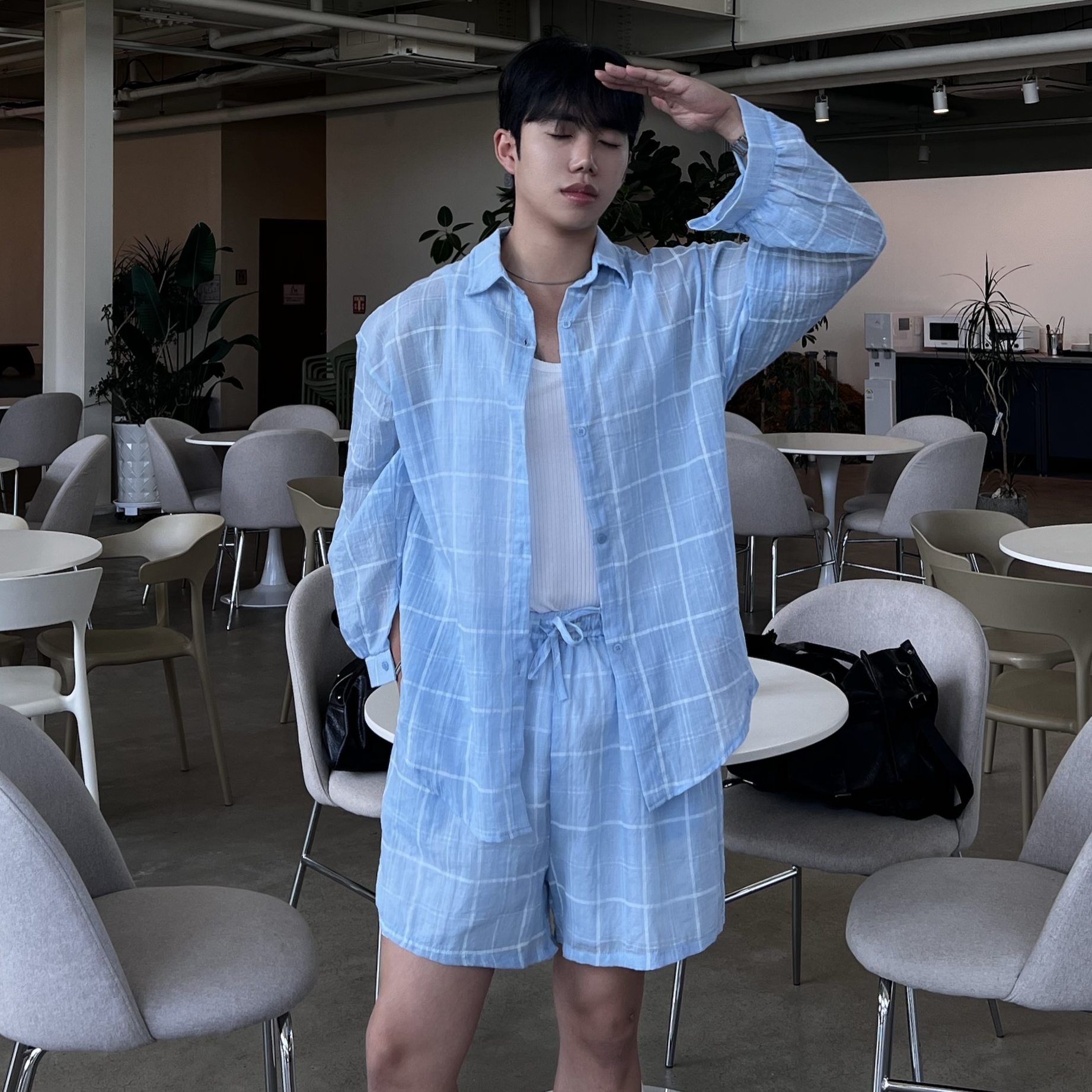 모블 린넨 체크 셔츠 반바지 세트 (1color)