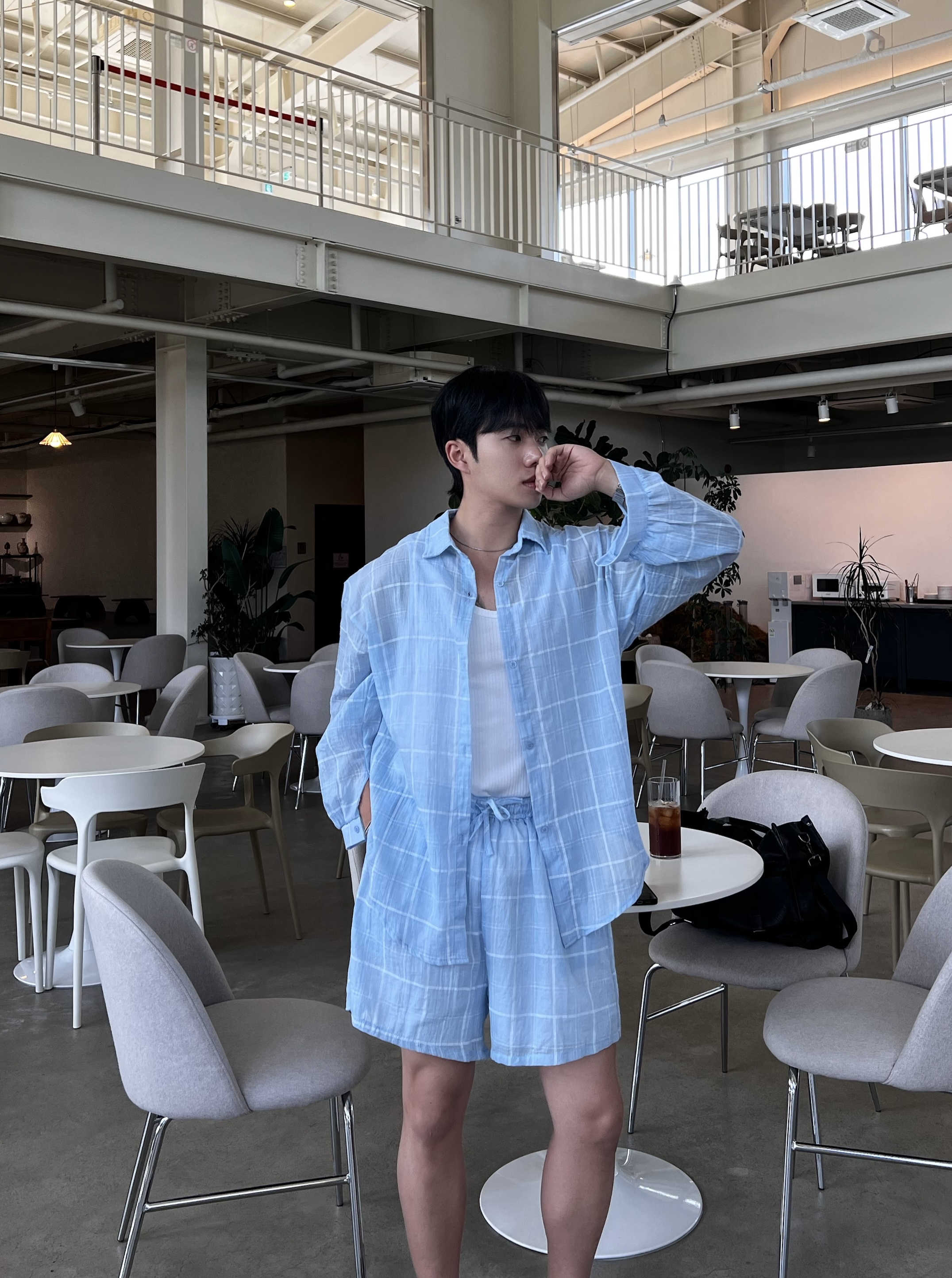모블 린넨 체크 셔츠 반바지 세트 (1color)