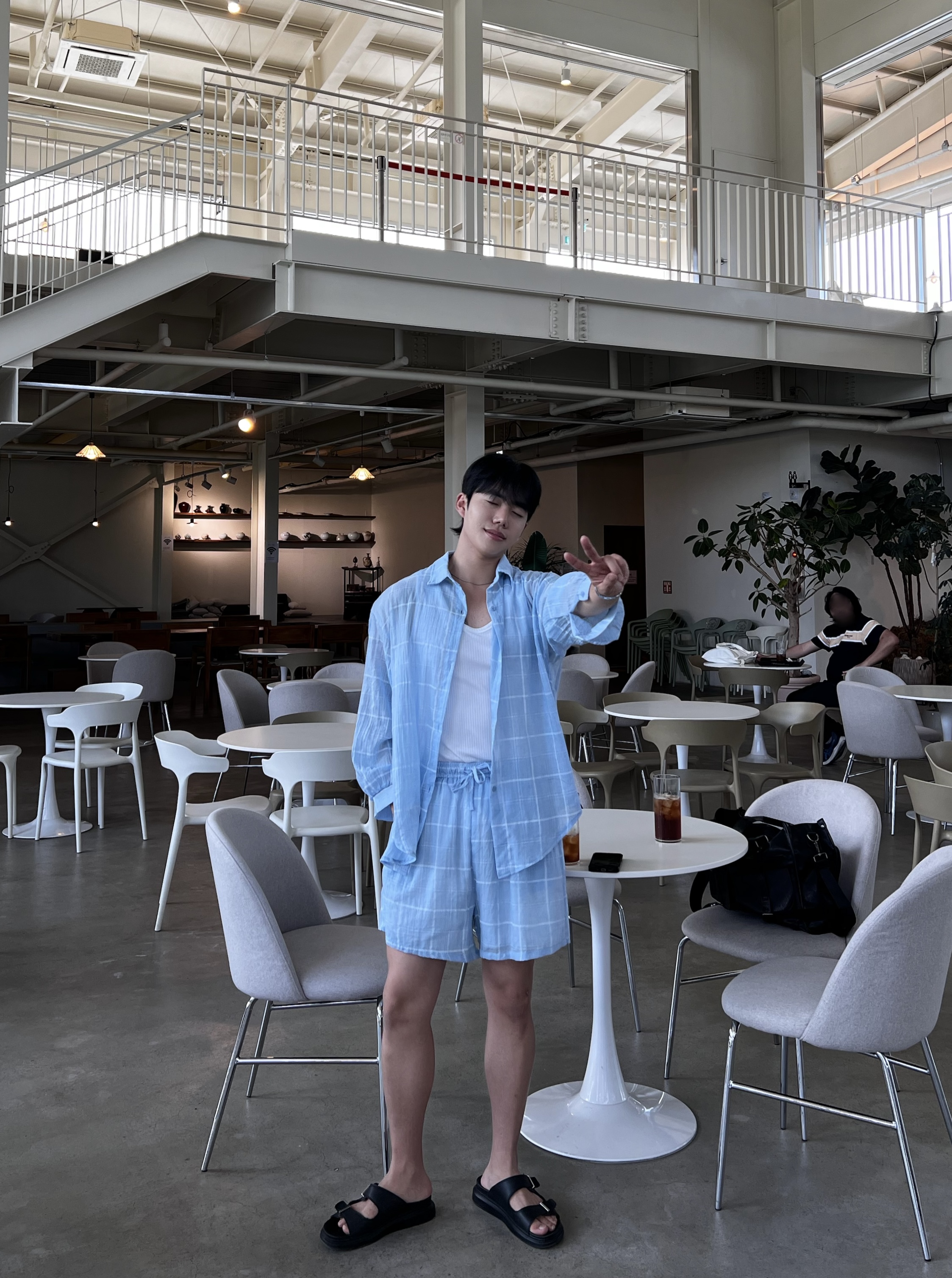모블 린넨 체크 셔츠 반바지 세트 (1color)