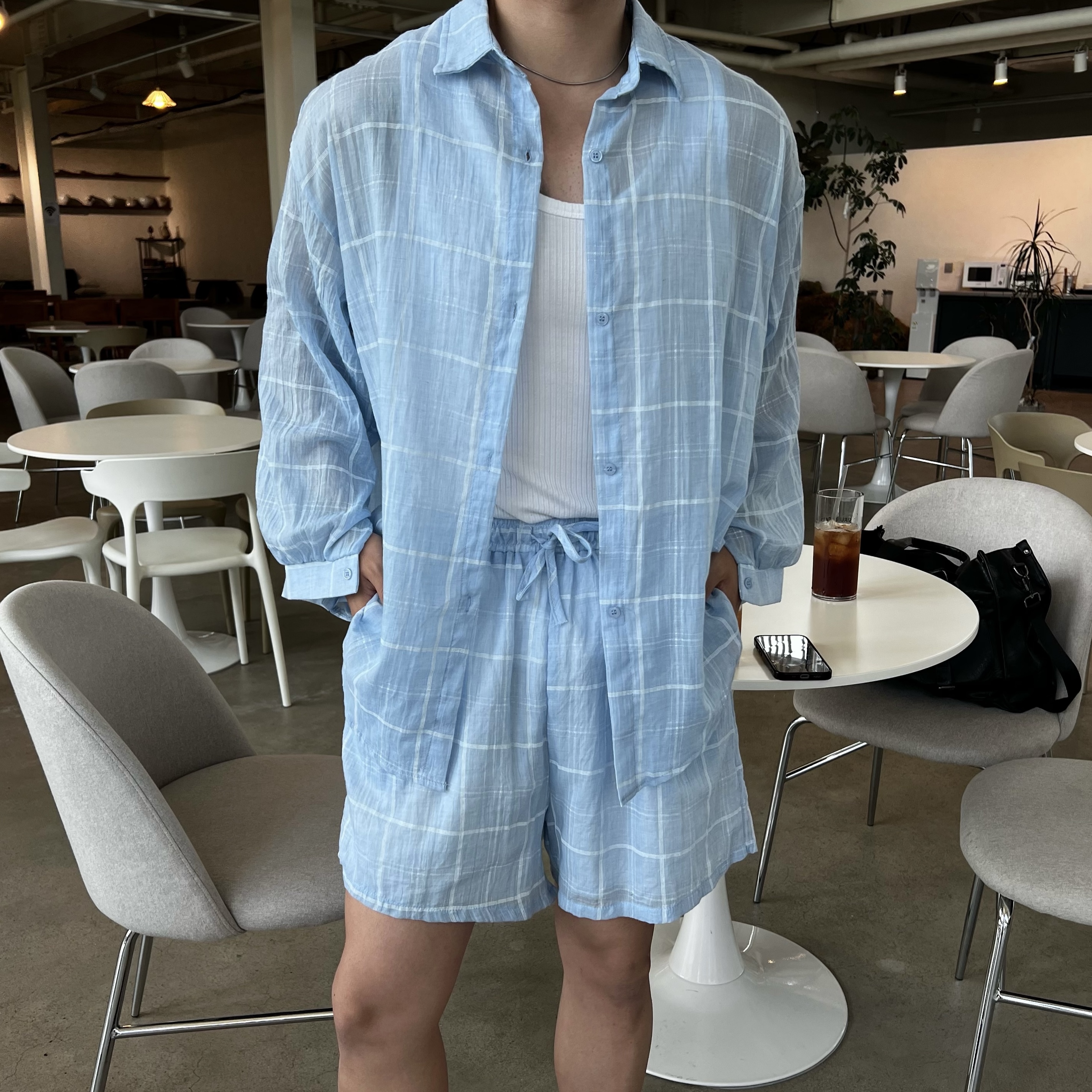 모블 린넨 체크 셔츠 반바지 세트 (1color)