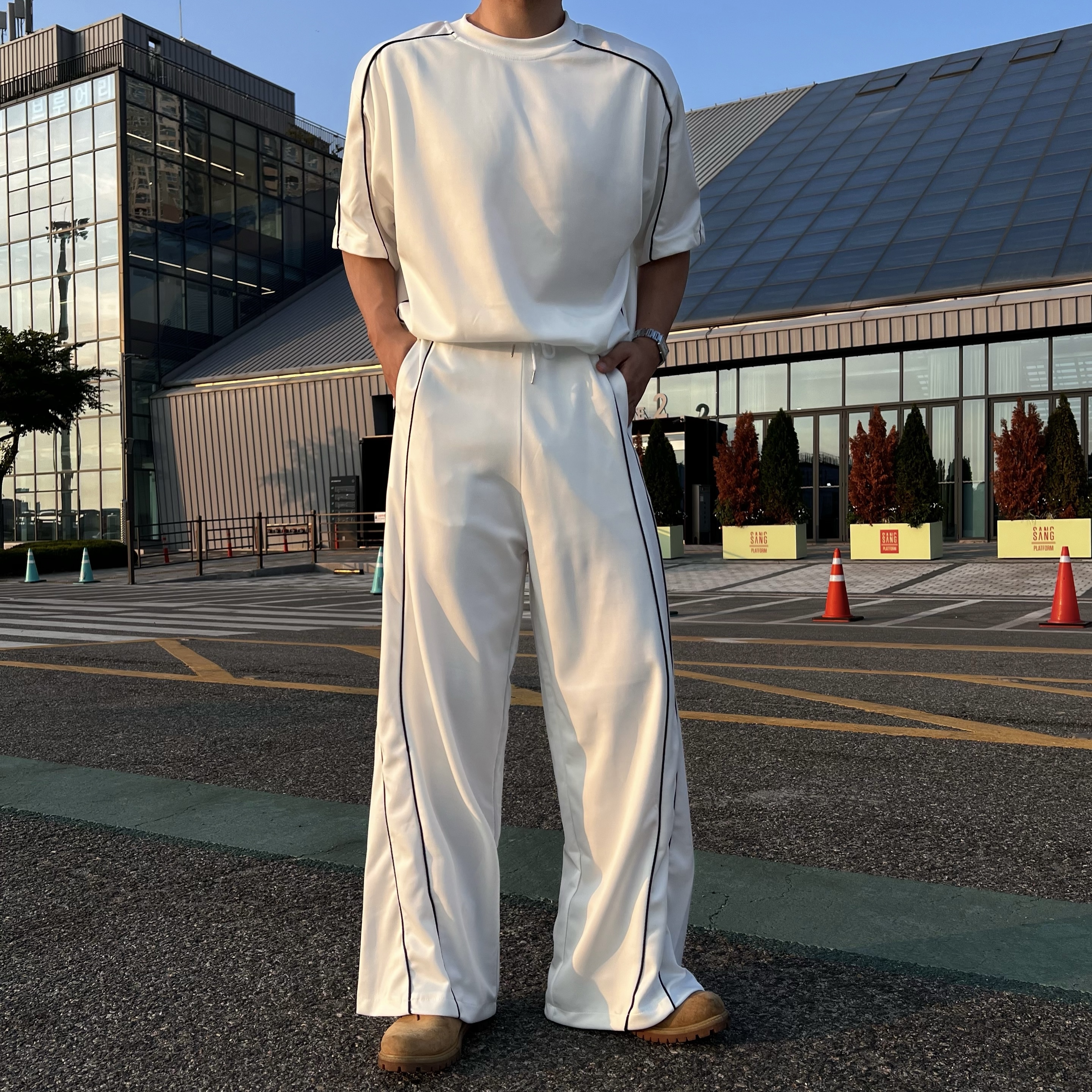 원 삥줄 라인 반팔 팬츠 세트 (2color)