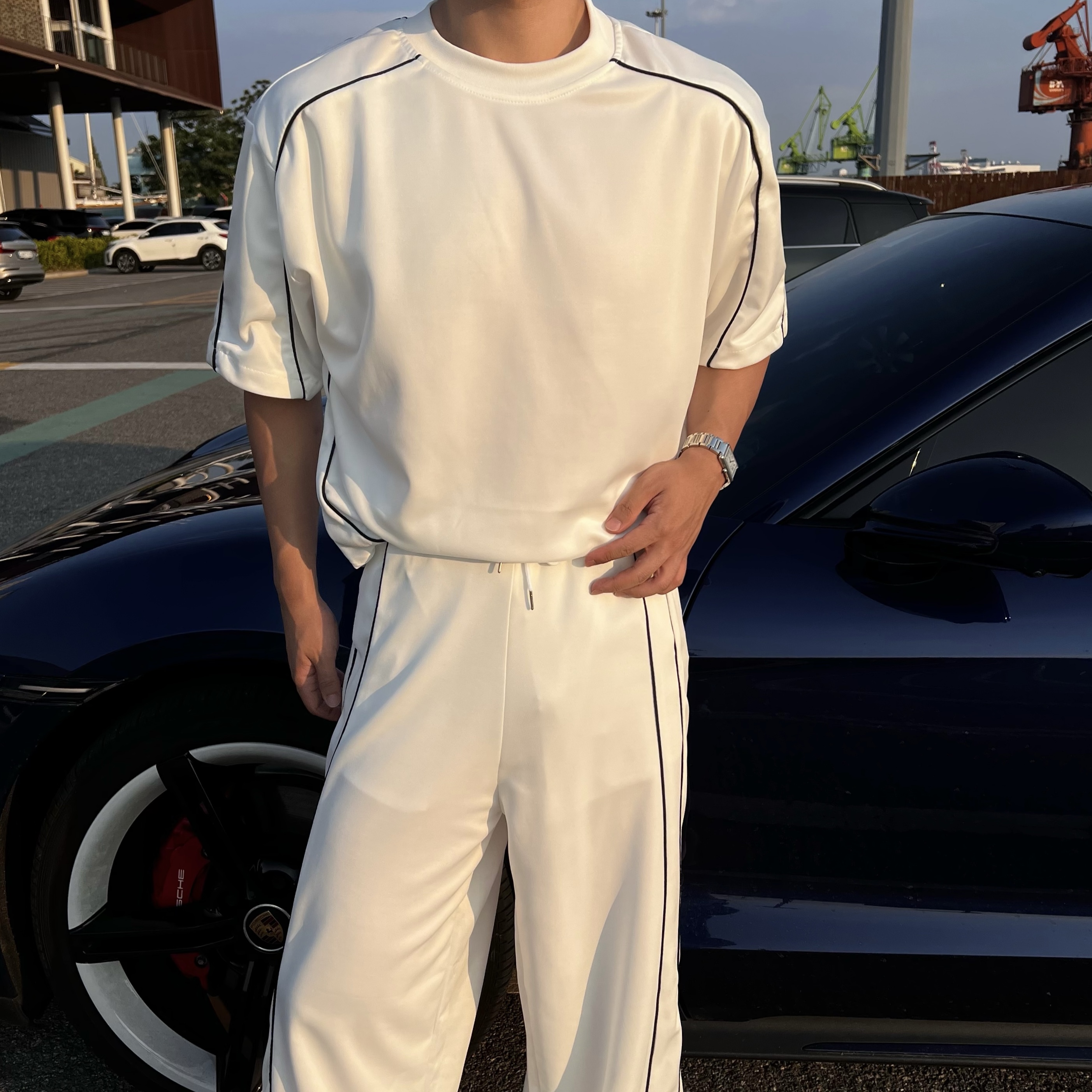 원 삥줄 라인 반팔 팬츠 세트 (2color)