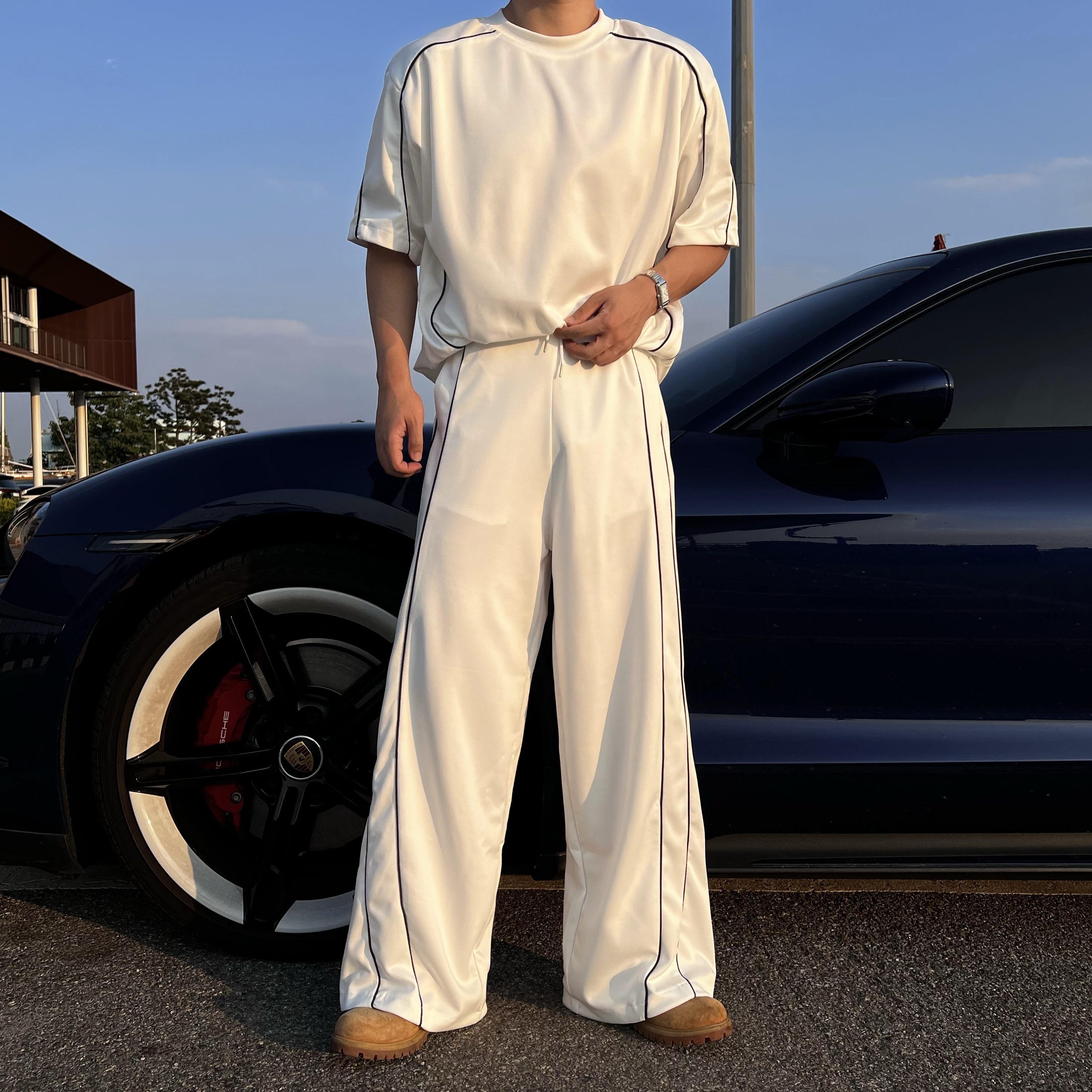 원 삥줄 라인 반팔 팬츠 세트 (2color)