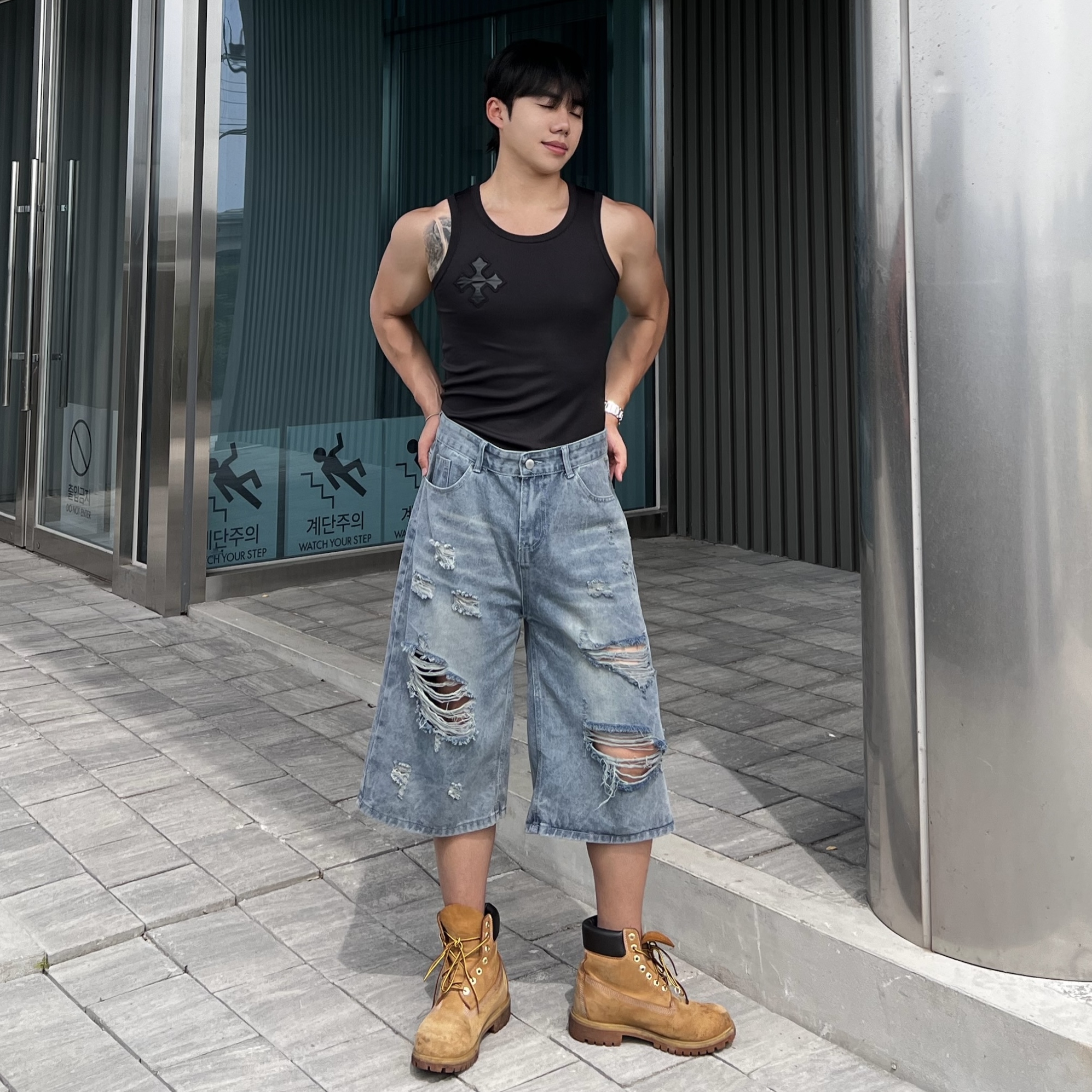 원 찢청 데님 워싱 버뮤다 팬츠 (1color)